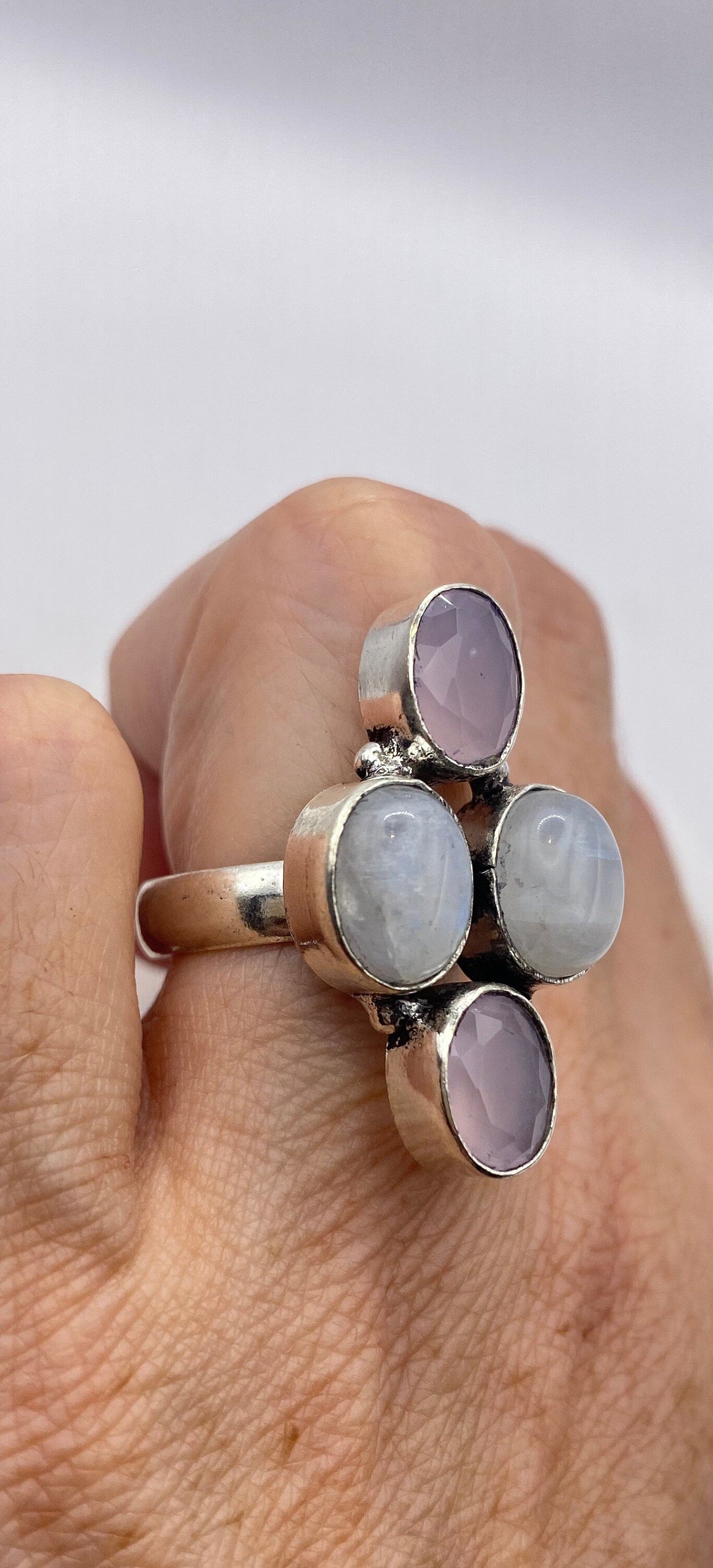 Vintage Large Blue White Rainbow Moonstone Rose Quartz Silver Ring