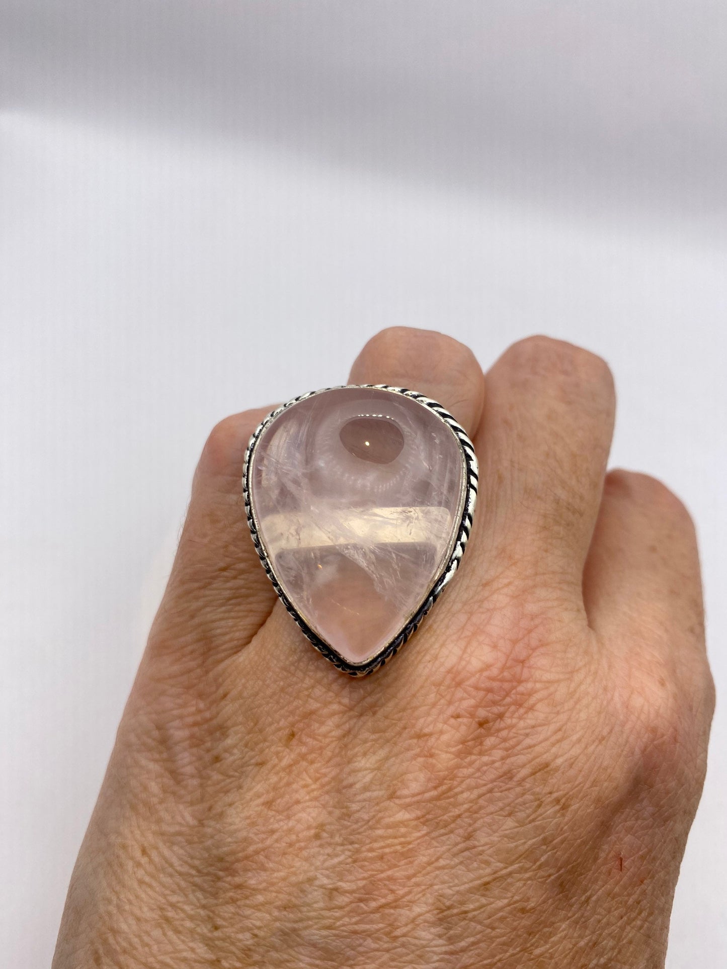 Vintage Pink Rose Quartz Silver Ring