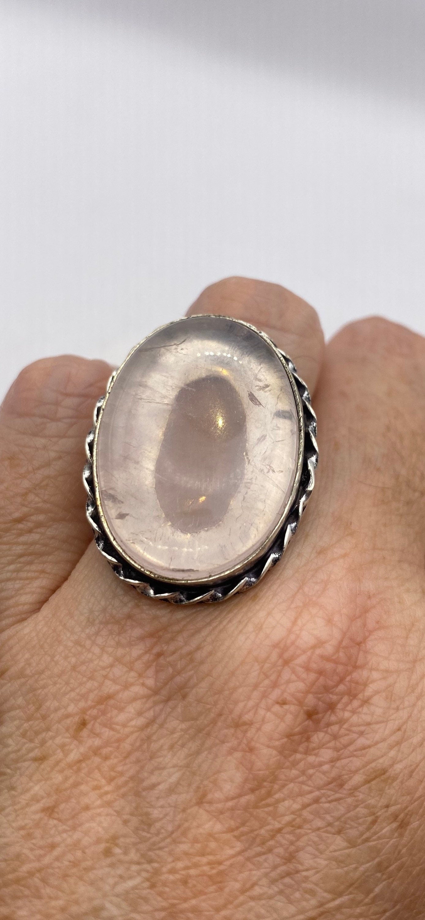 Vintage Pink Rose Quartz Silver Ring