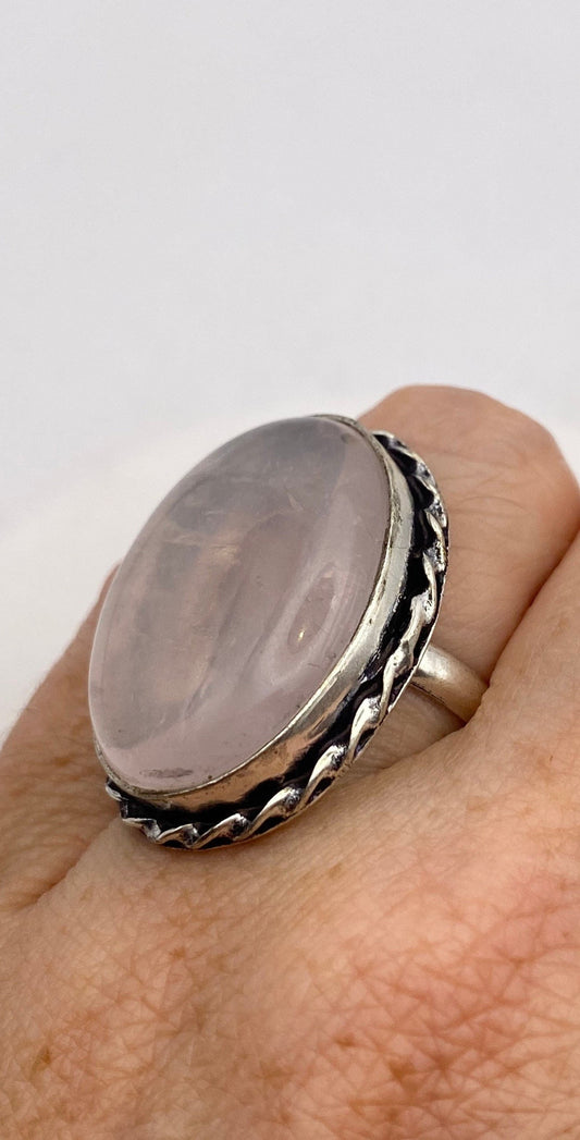 Vintage Pink Rose Quartz Silver Ring