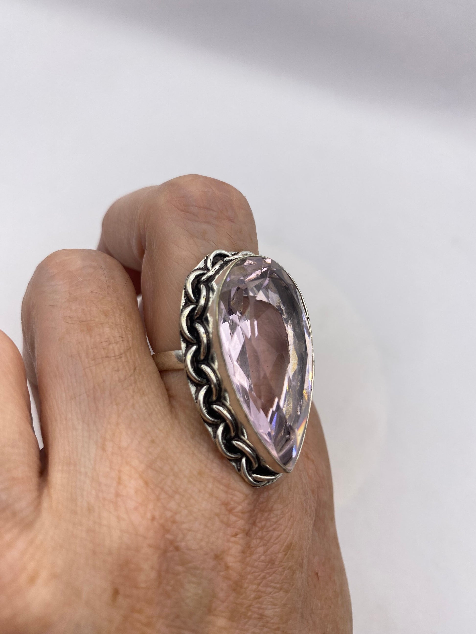 Vintage Pink Rose Quartz Silver Ring