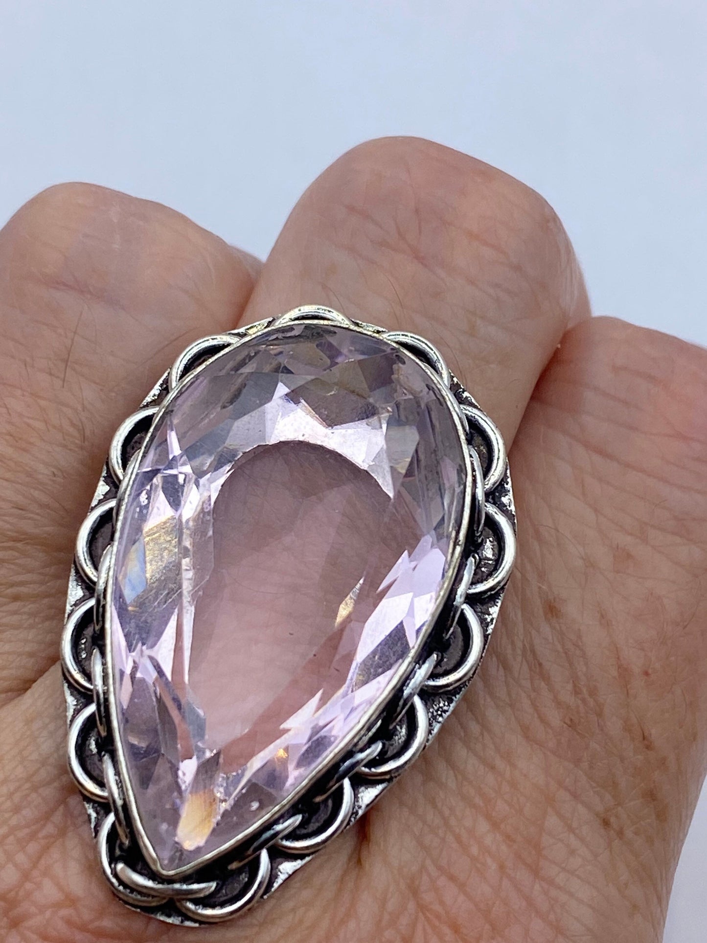 Vintage Pink Rose Quartz Silver Ring