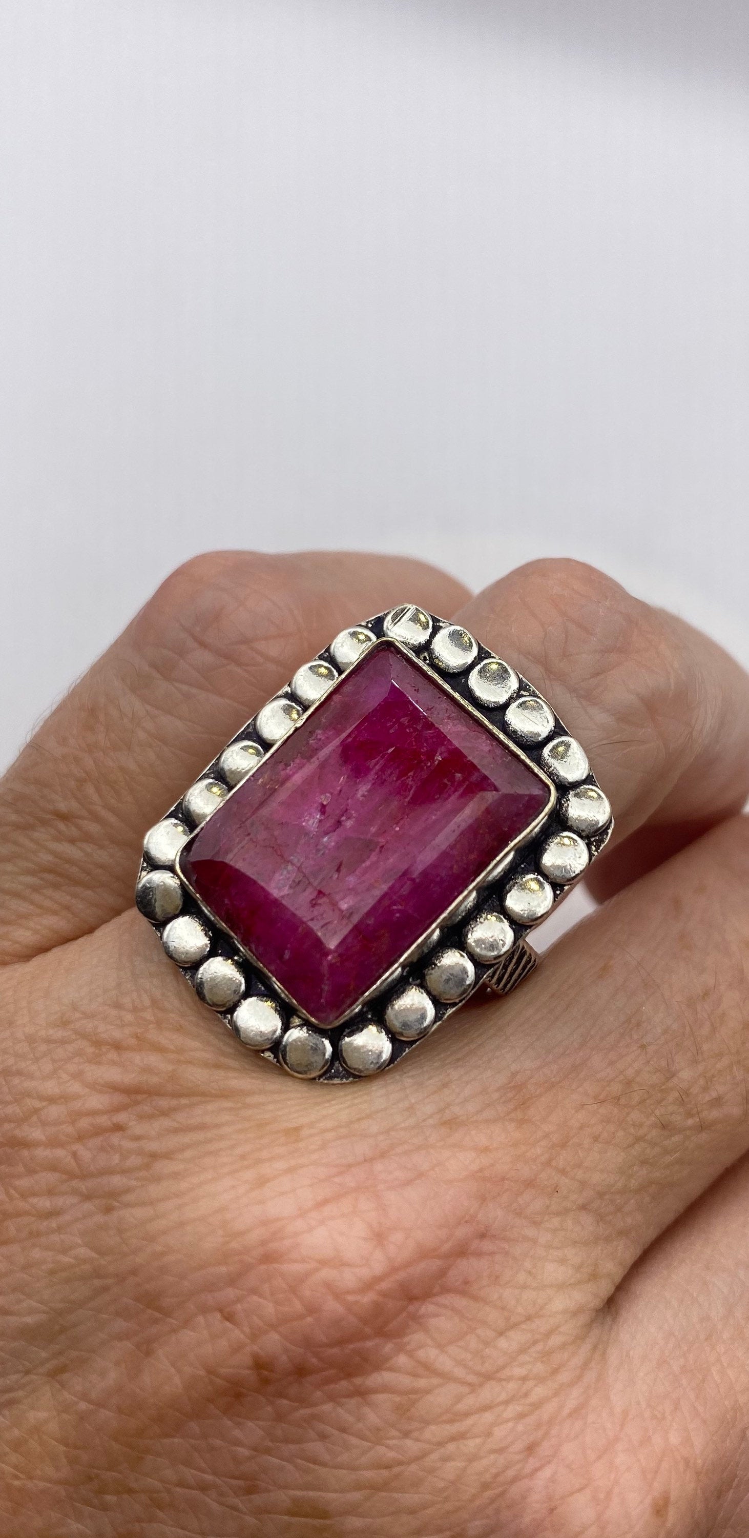 Vintage Raw Pink Ruby Silver Boho Cocktail Ring