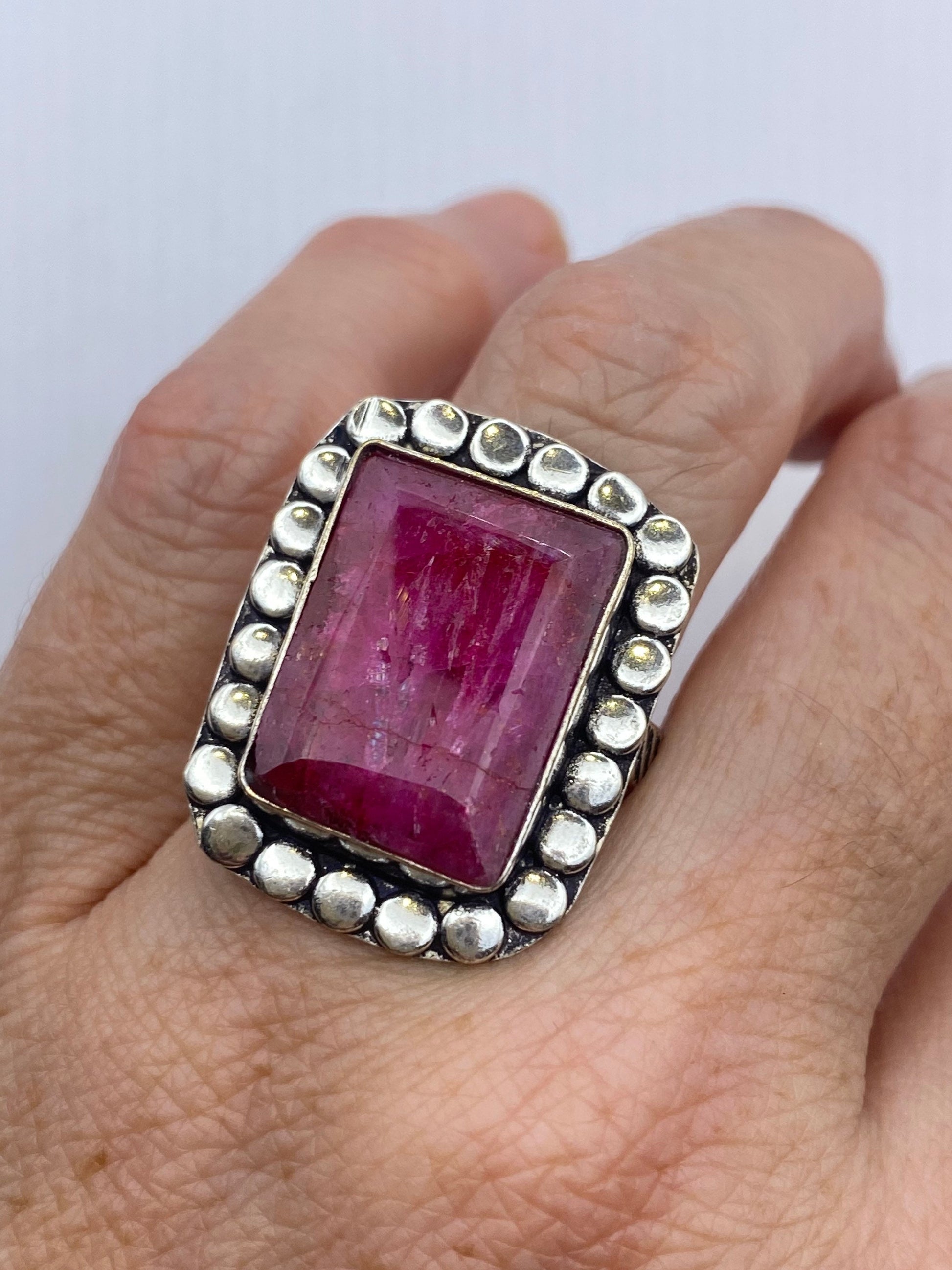 Vintage Raw Pink Ruby Silver Boho Cocktail Ring