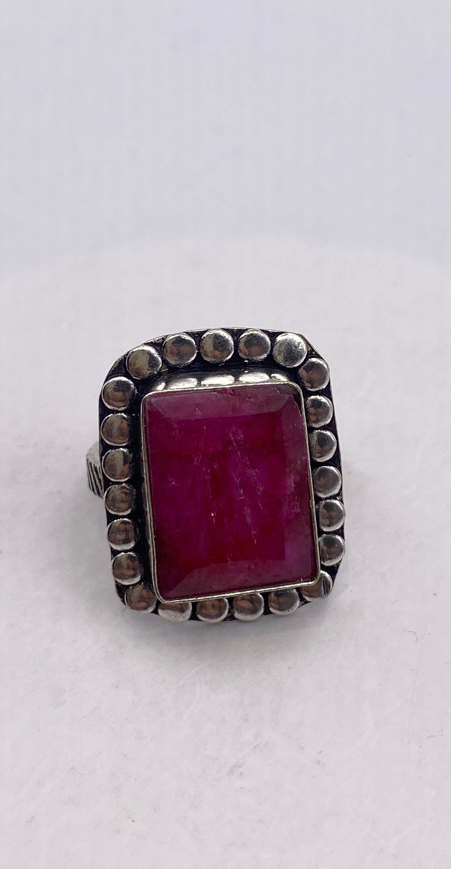 Vintage Raw Pink Ruby Silver Boho Cocktail Ring