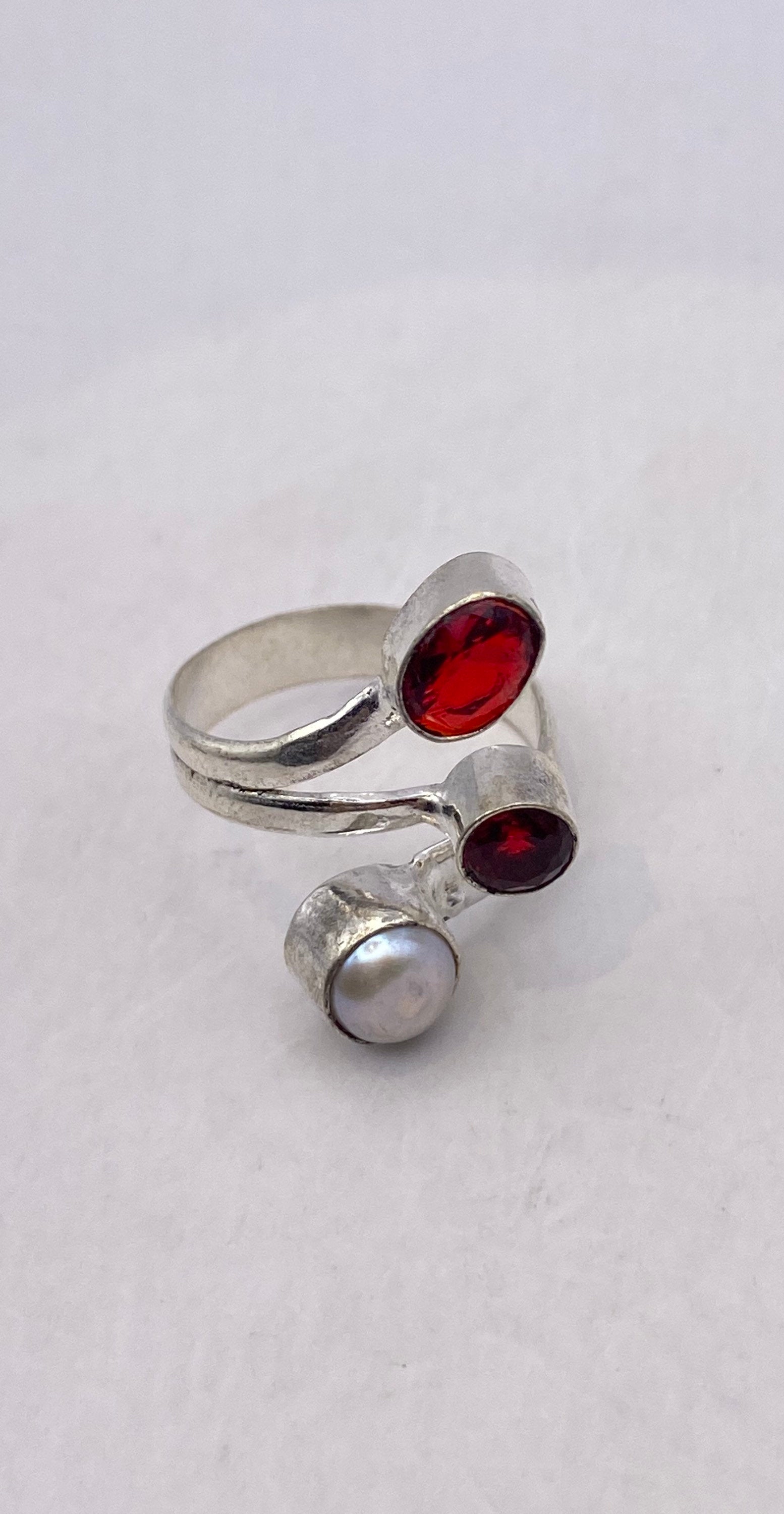 Vintage Boho Ruby Glass Pearl Cocktail Ring Adjustable