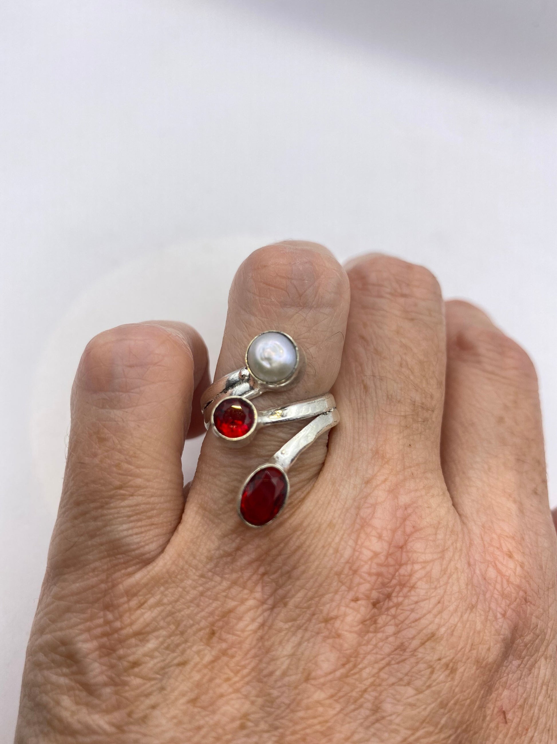 Vintage Boho Ruby Glass Pearl Cocktail Ring Adjustable