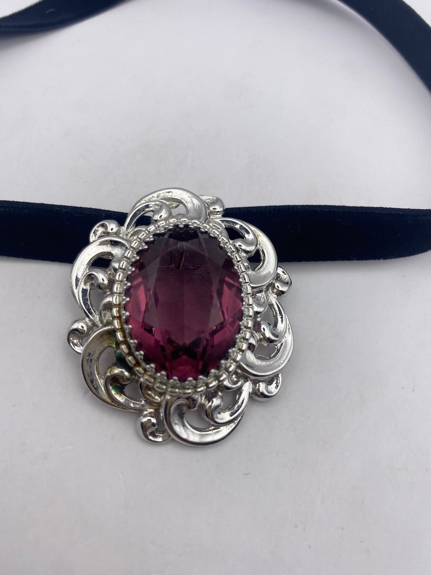 Vintage Purple Choker Amethyst Crystal Sterling Silver Brooch/ Necklace