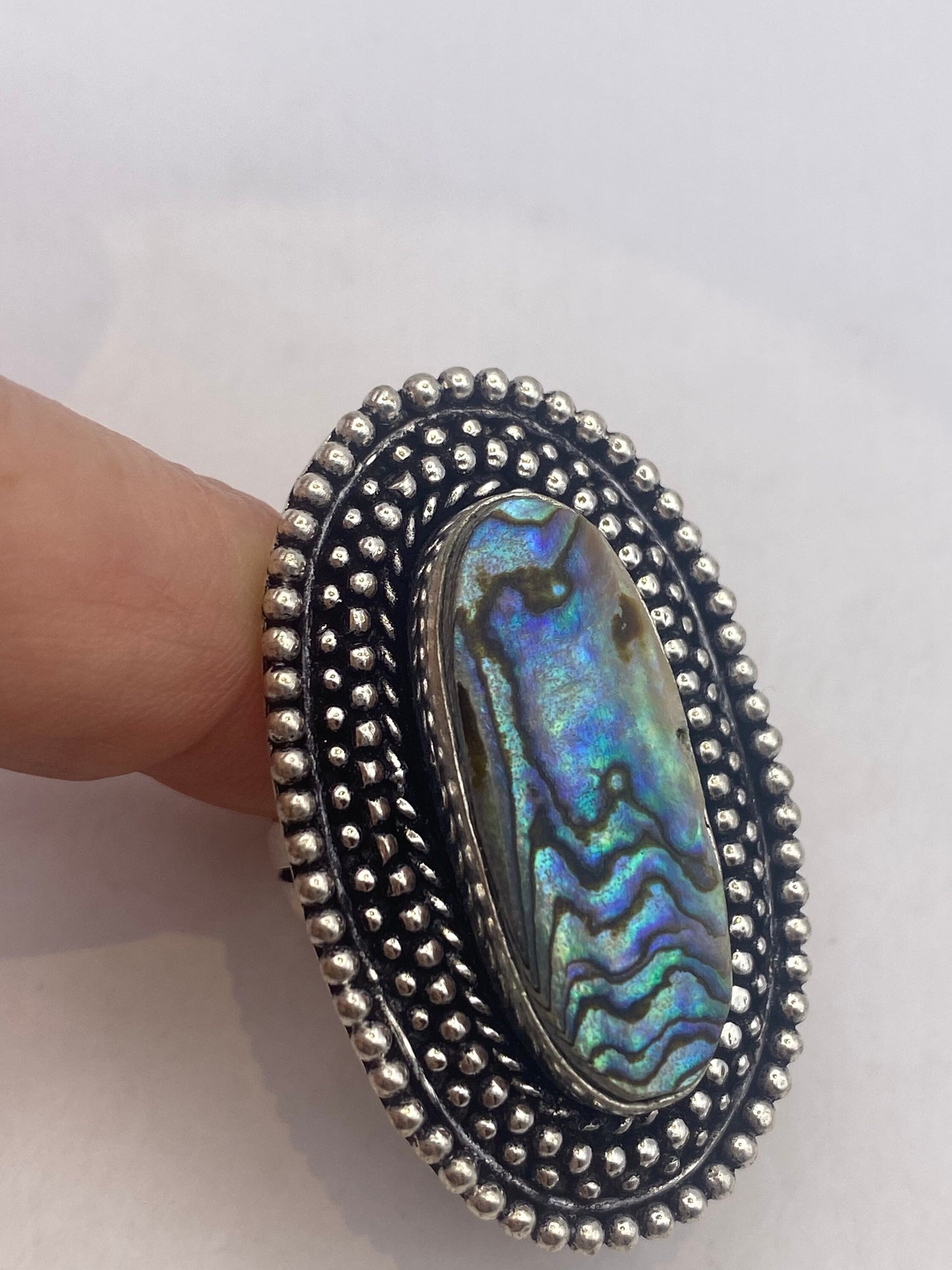 Vintage Green Abalone White Bronze Silver Cocktail Ring