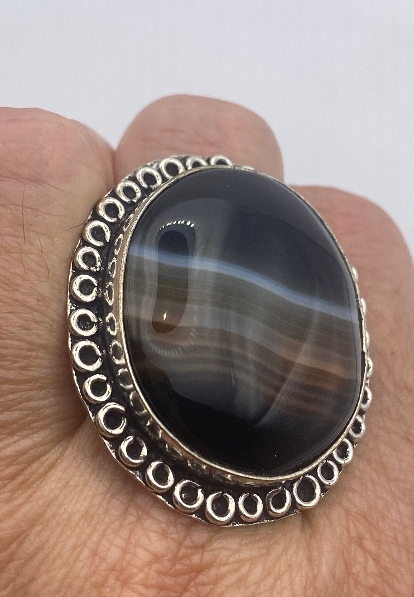 Vintage Black and White Banded Agate White Bronze Silver Cocktail Ring
