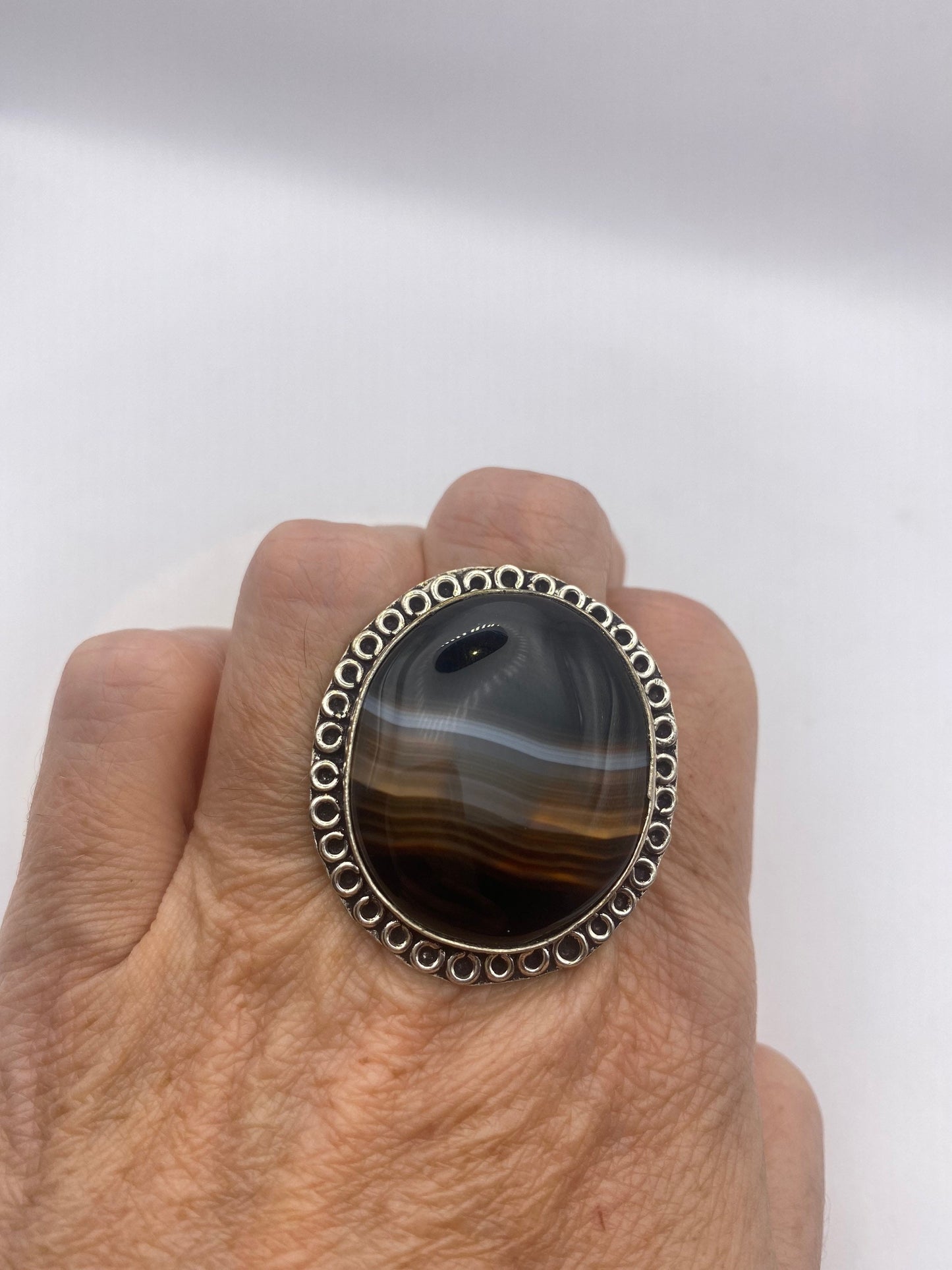 Vintage Black and White Banded Agate White Bronze Silver Cocktail Ring