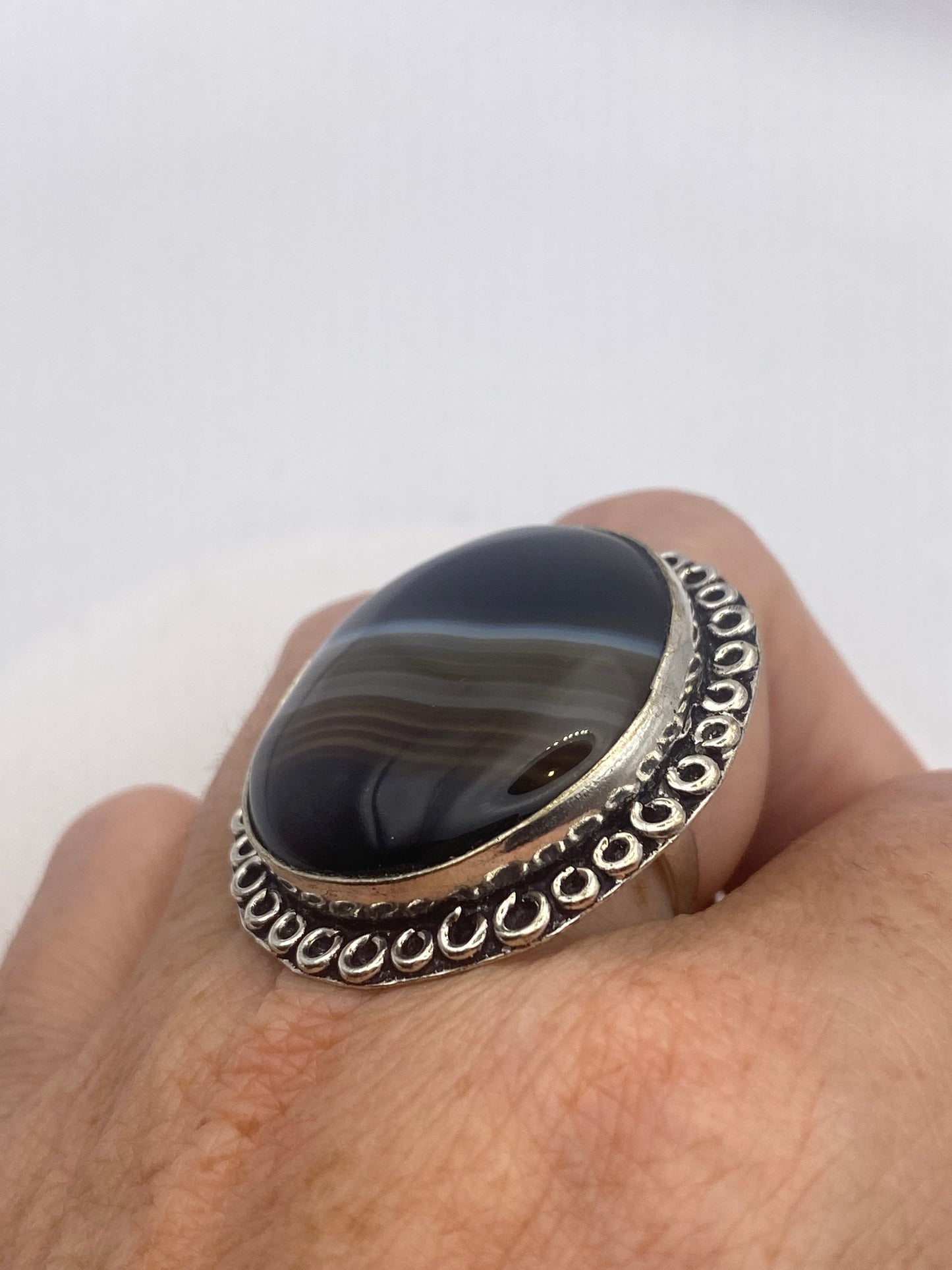 Vintage Black and White Banded Agate White Bronze Silver Cocktail Ring