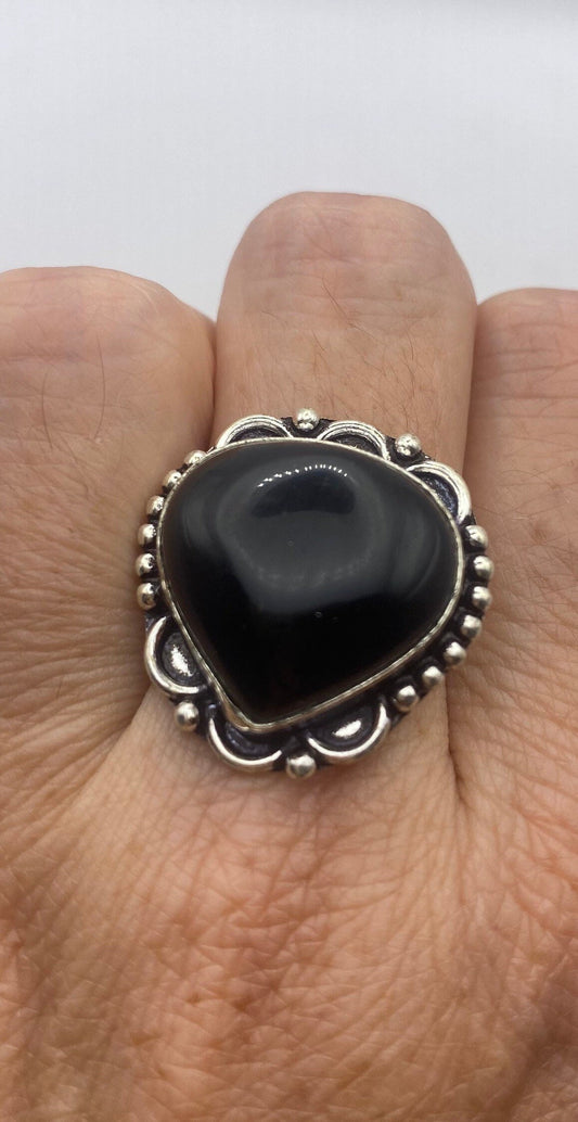 Vintage Black Onyx Silver Cocktail Ring Size 6.25