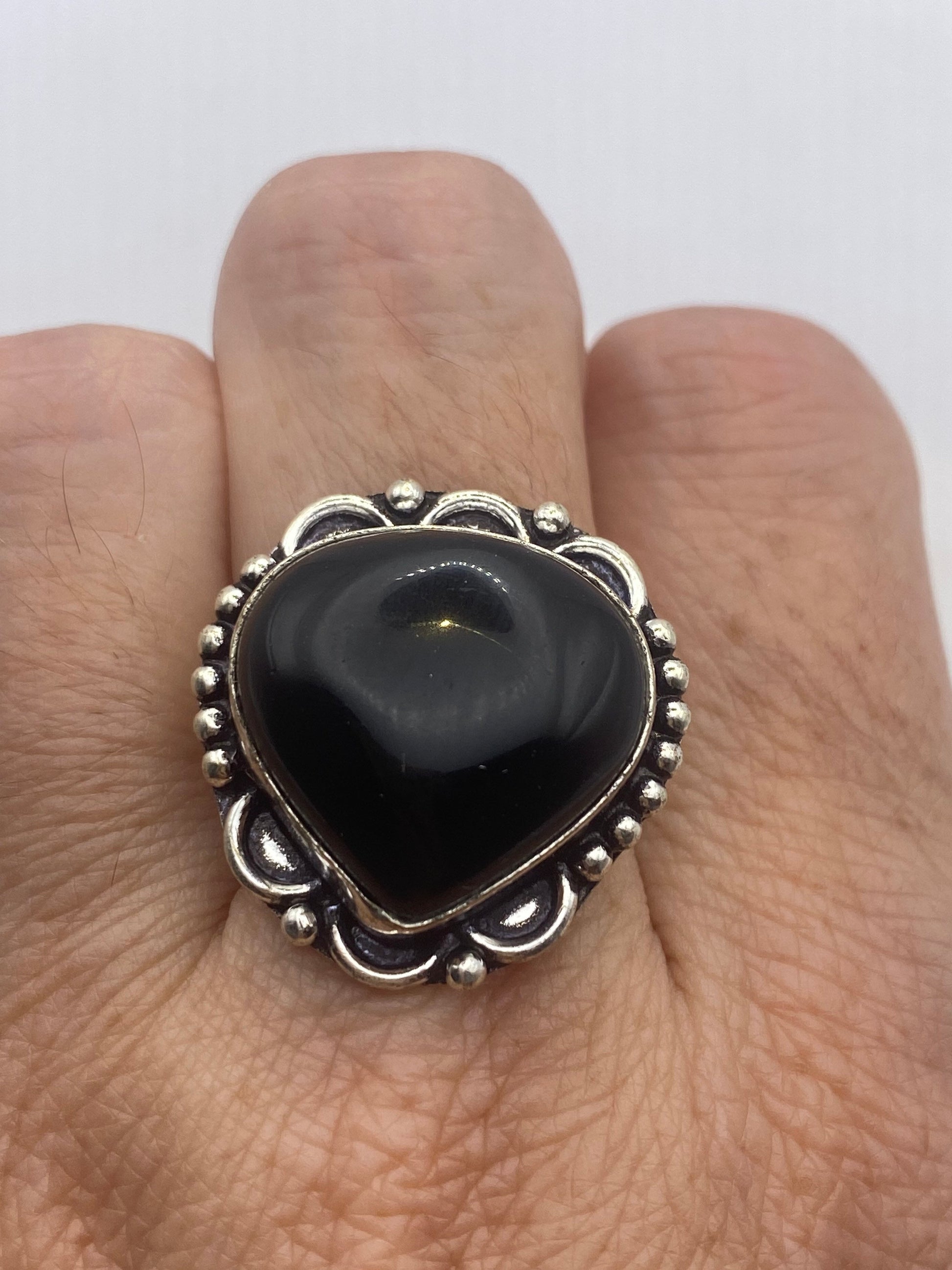 Vintage Black Onyx Silver Cocktail Ring Size 6.25