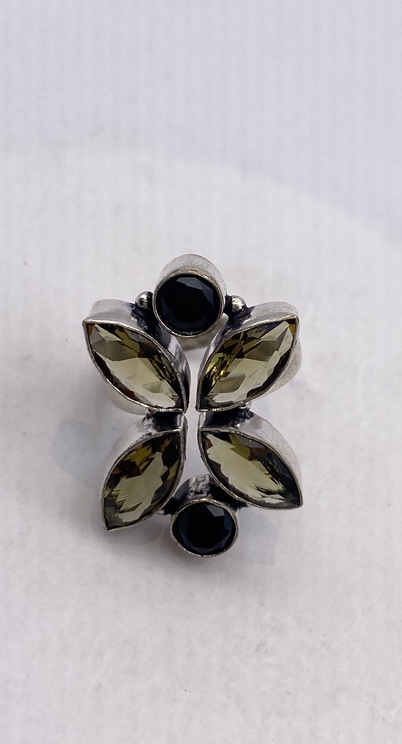 Vintage Black Onyx Smoky Topaz Silver Cocktail Ring