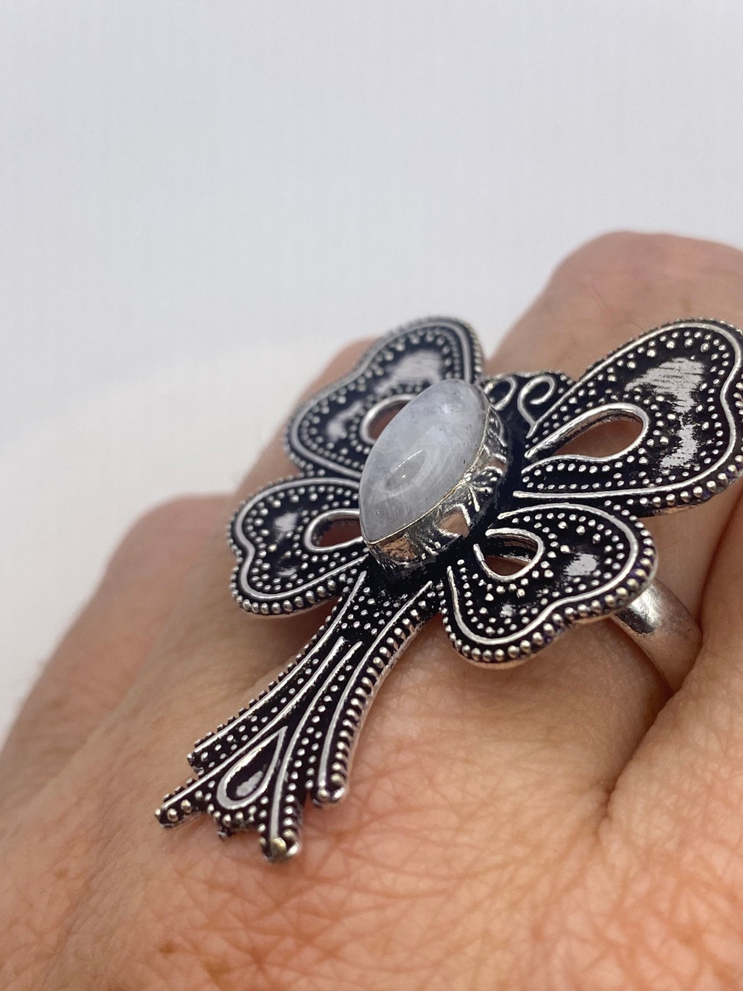 Vintage Lunar Moth Rainbow Moonstone White Bronze Silver Cocktail Ring Size 6.5