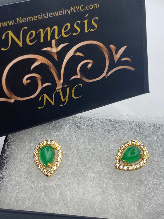 Vintage Fun Green Jade Gemstone Gold Rhodium Bronze Stud Earrings