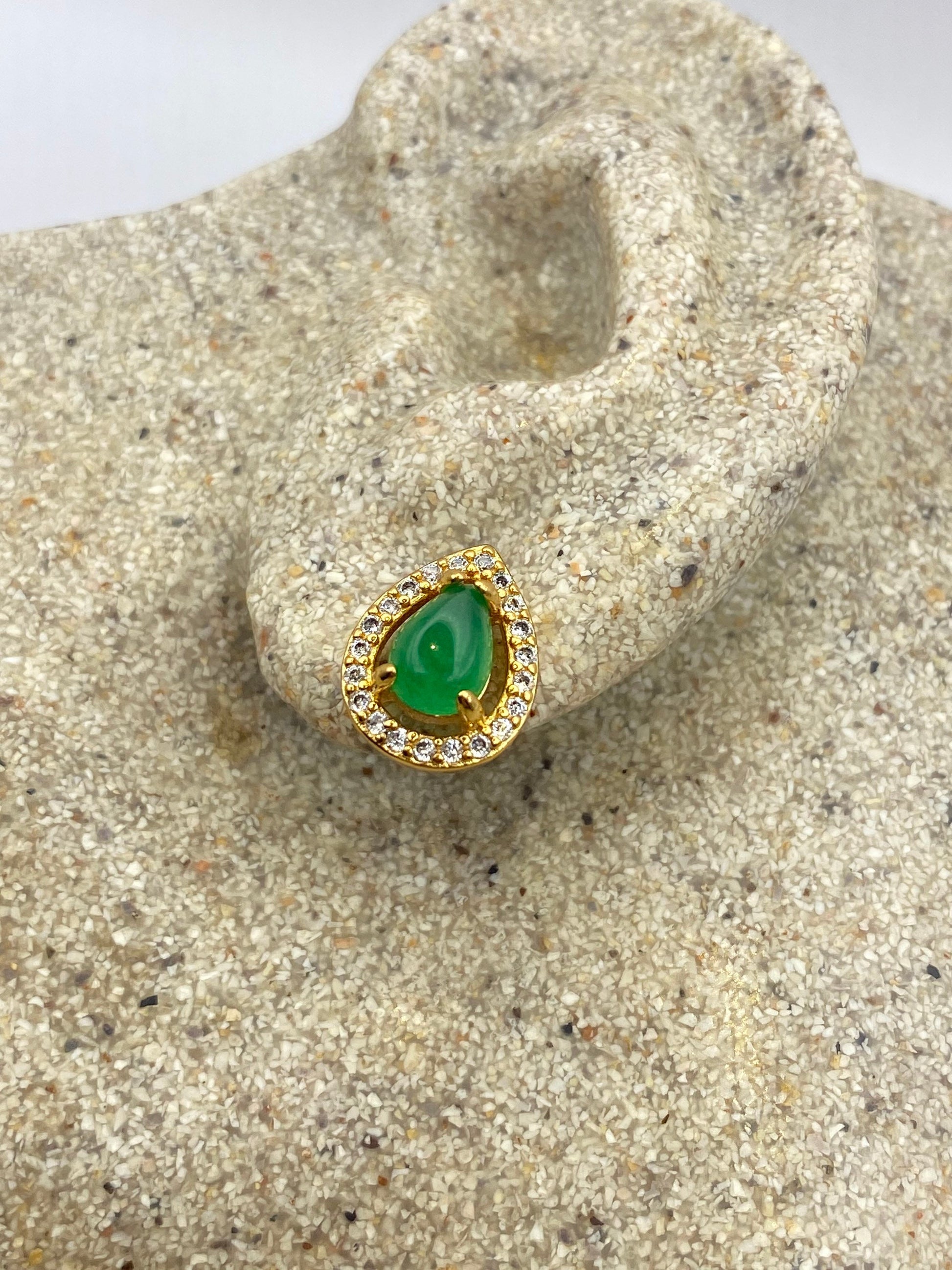 Vintage Fun Green Jade Gemstone Gold Rhodium Bronze Stud Earrings