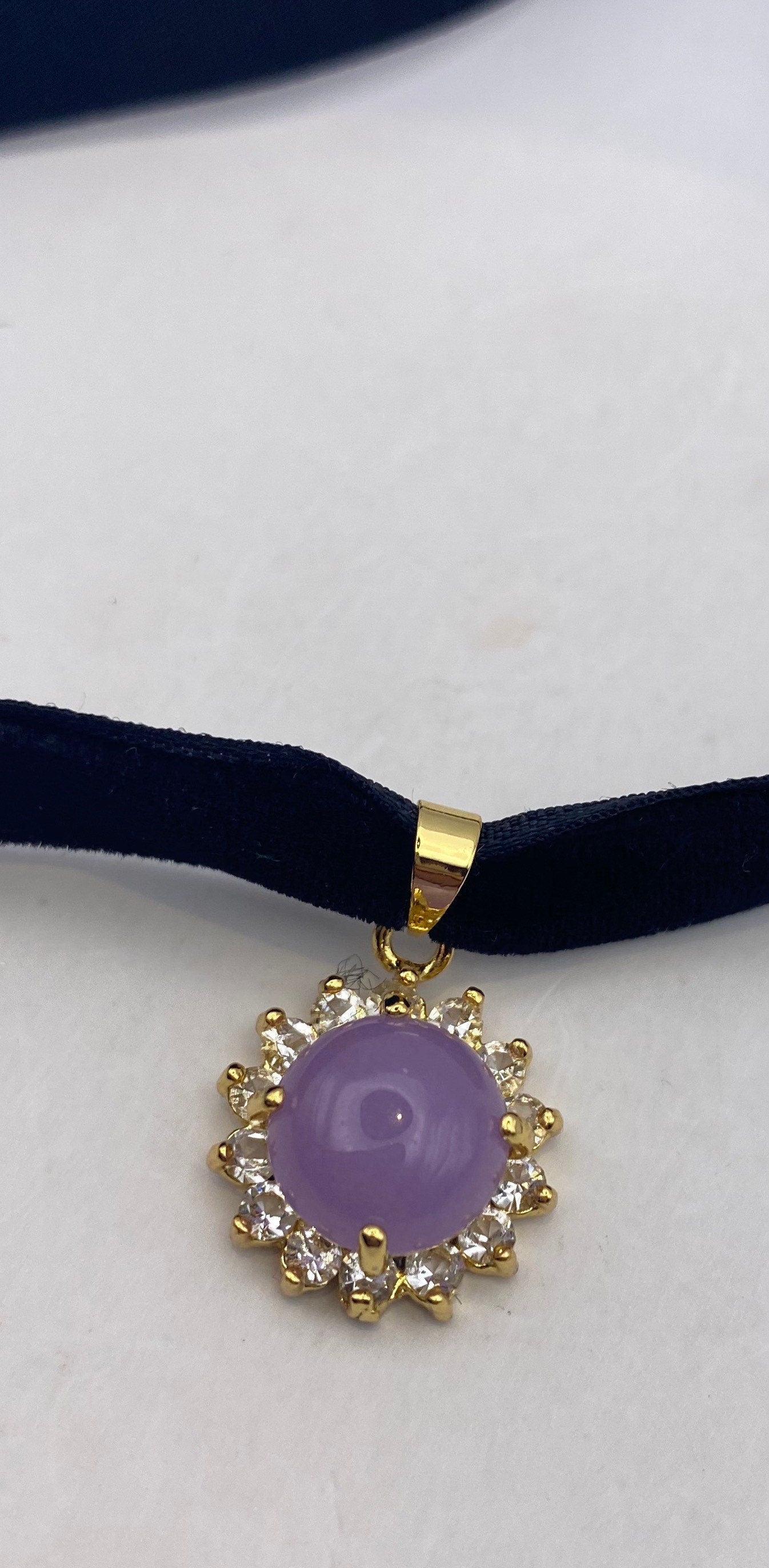 Vintage Lavender Jade Choker Golden Bronze Necklace Pendant
