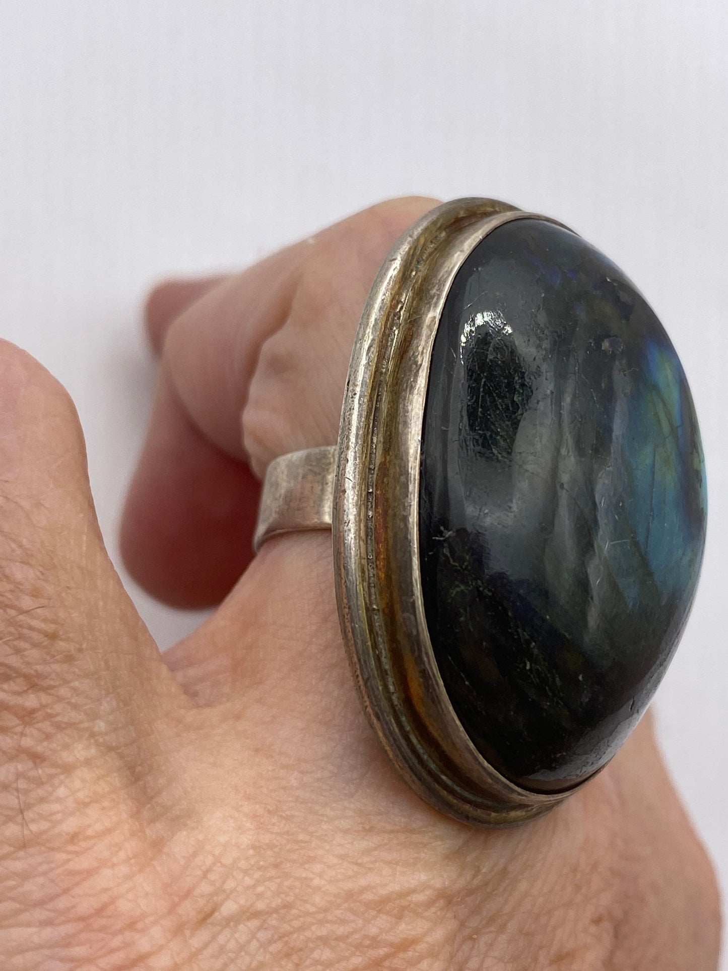 Vintage Large Blue Green Labradorite Stone 925 Sterling Silver Ring