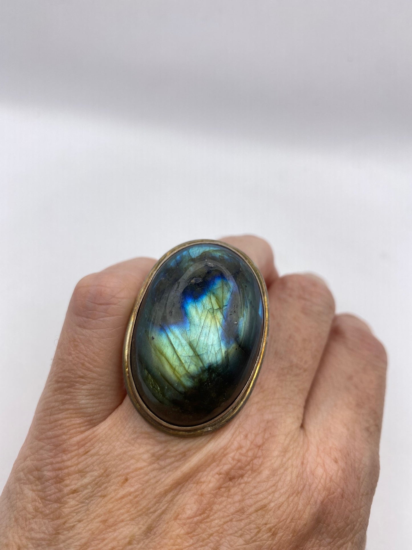 Vintage Large Blue Green Labradorite Stone 925 Sterling Silver Ring