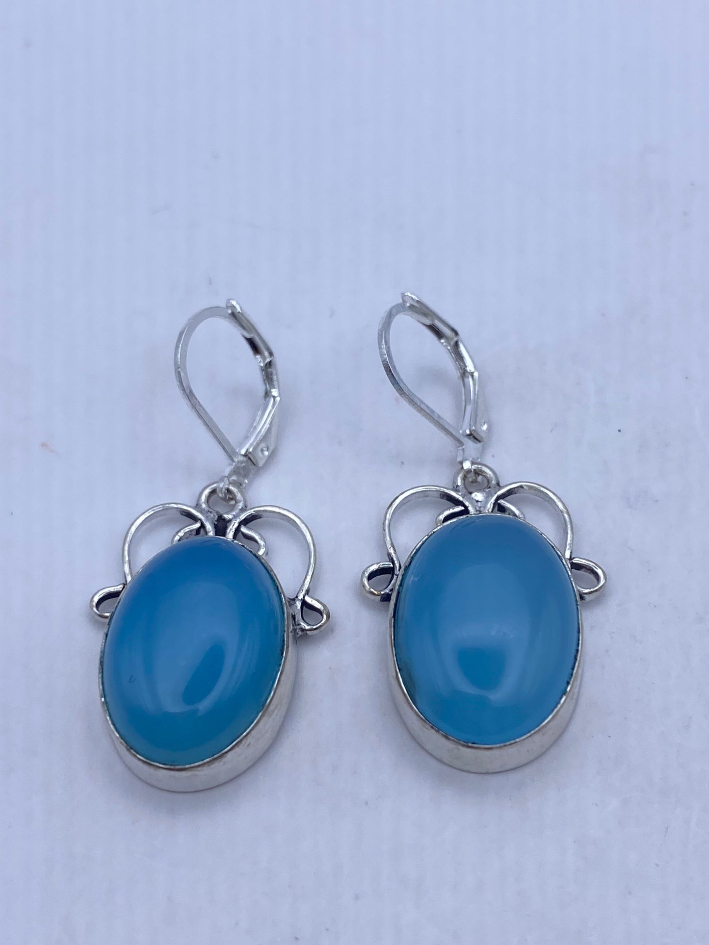 Vintage Genuine Blue Chalcedony Gemstone Filigree Sterling Silver Lever Back Chandelier Earrings