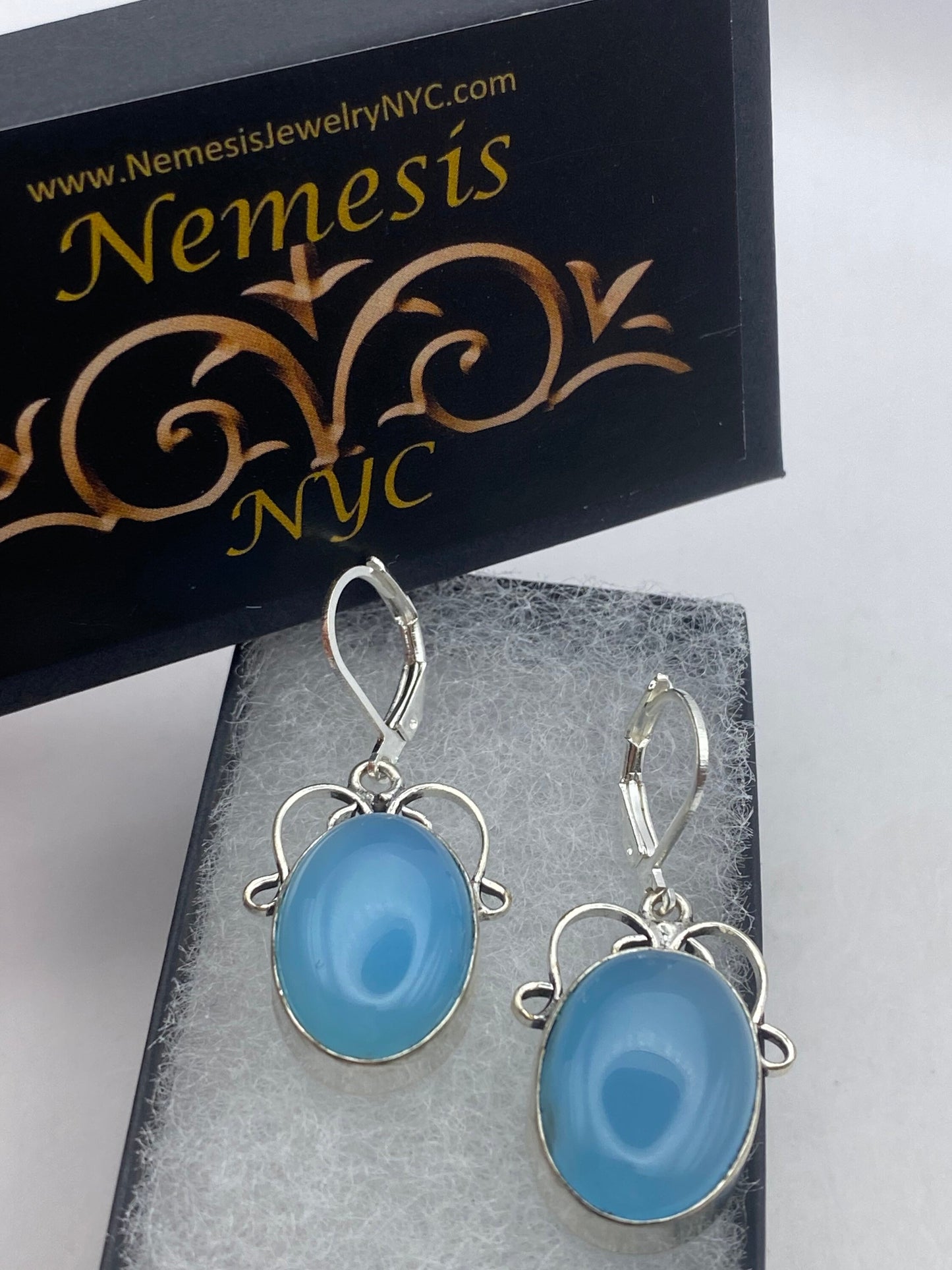 Vintage Genuine Blue Chalcedony Gemstone Filigree Sterling Silver Lever Back Chandelier Earrings