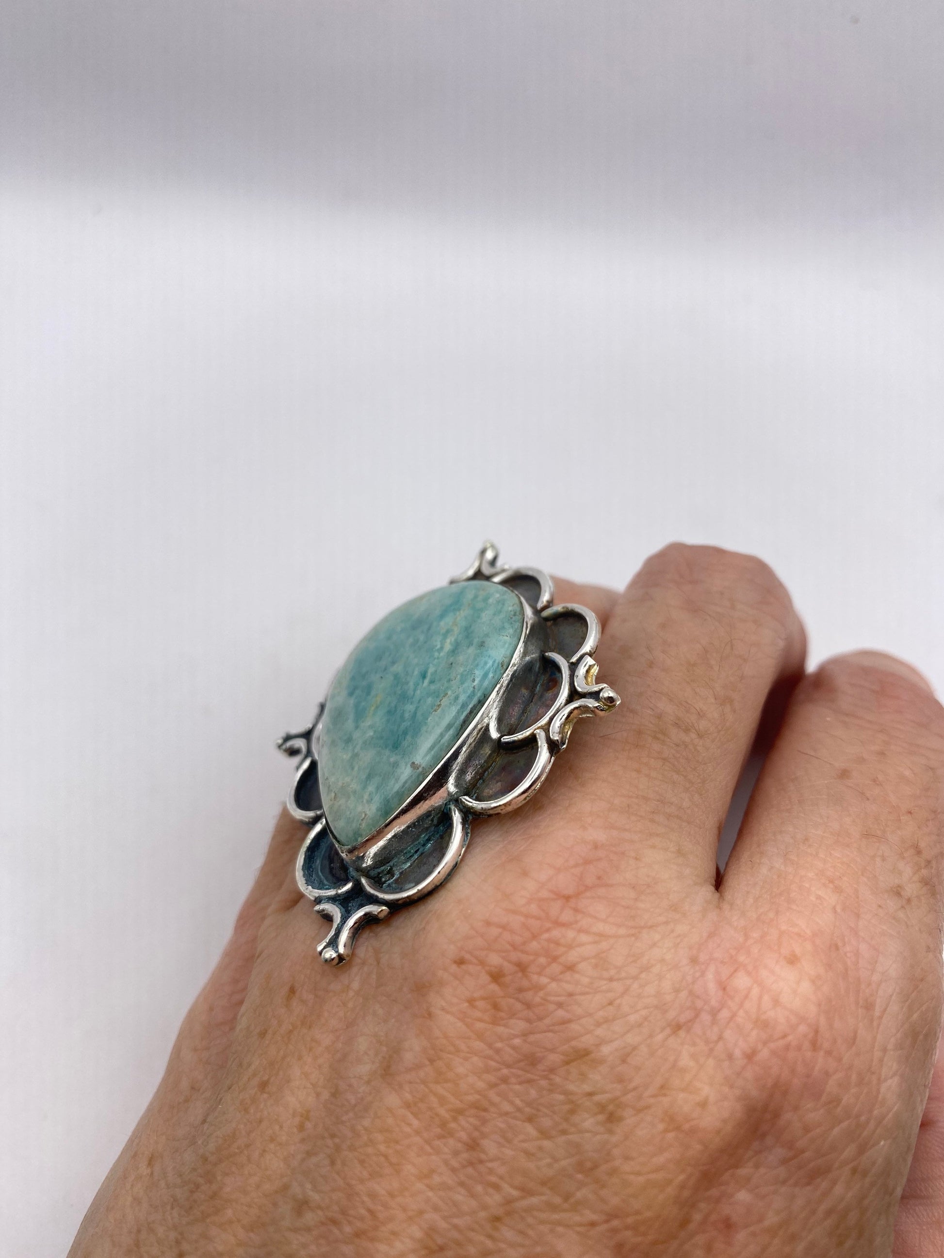 Vintage Green Amazonite Silver Ring Size 6.5