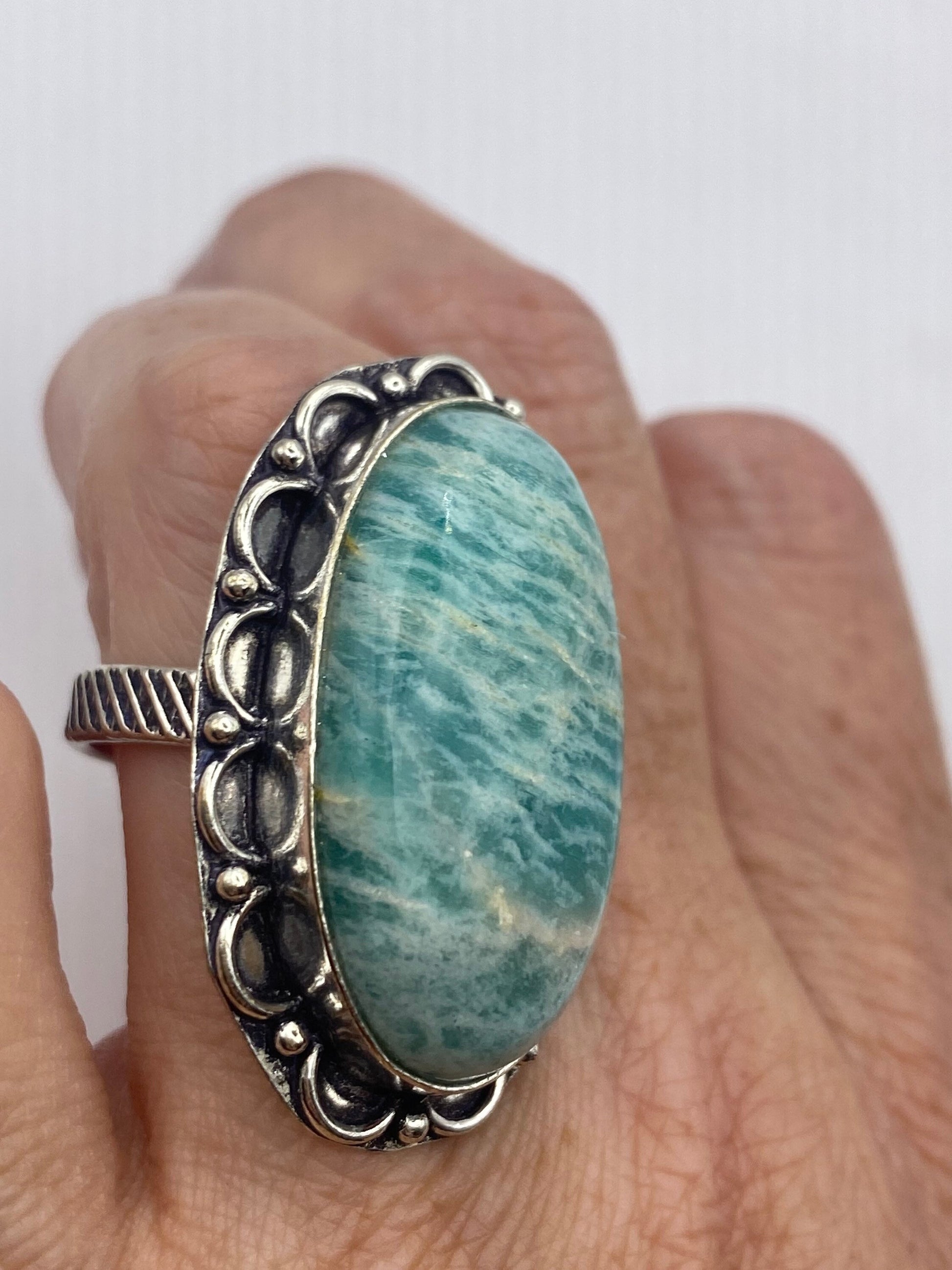 Vintage Green Amazonite Silver Ring Size 7.5