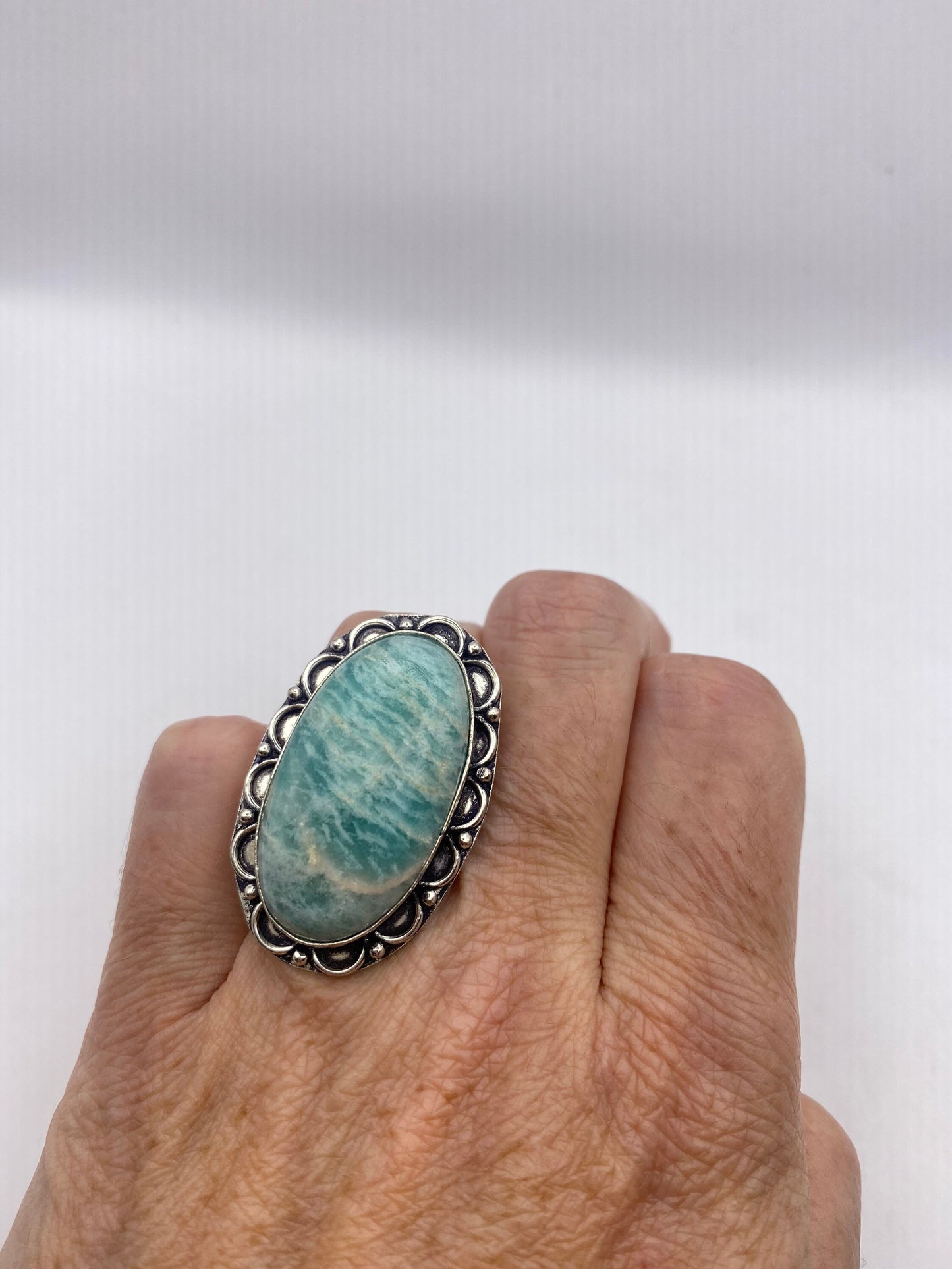 Vintage Green Amazonite Silver Ring Size 7.5