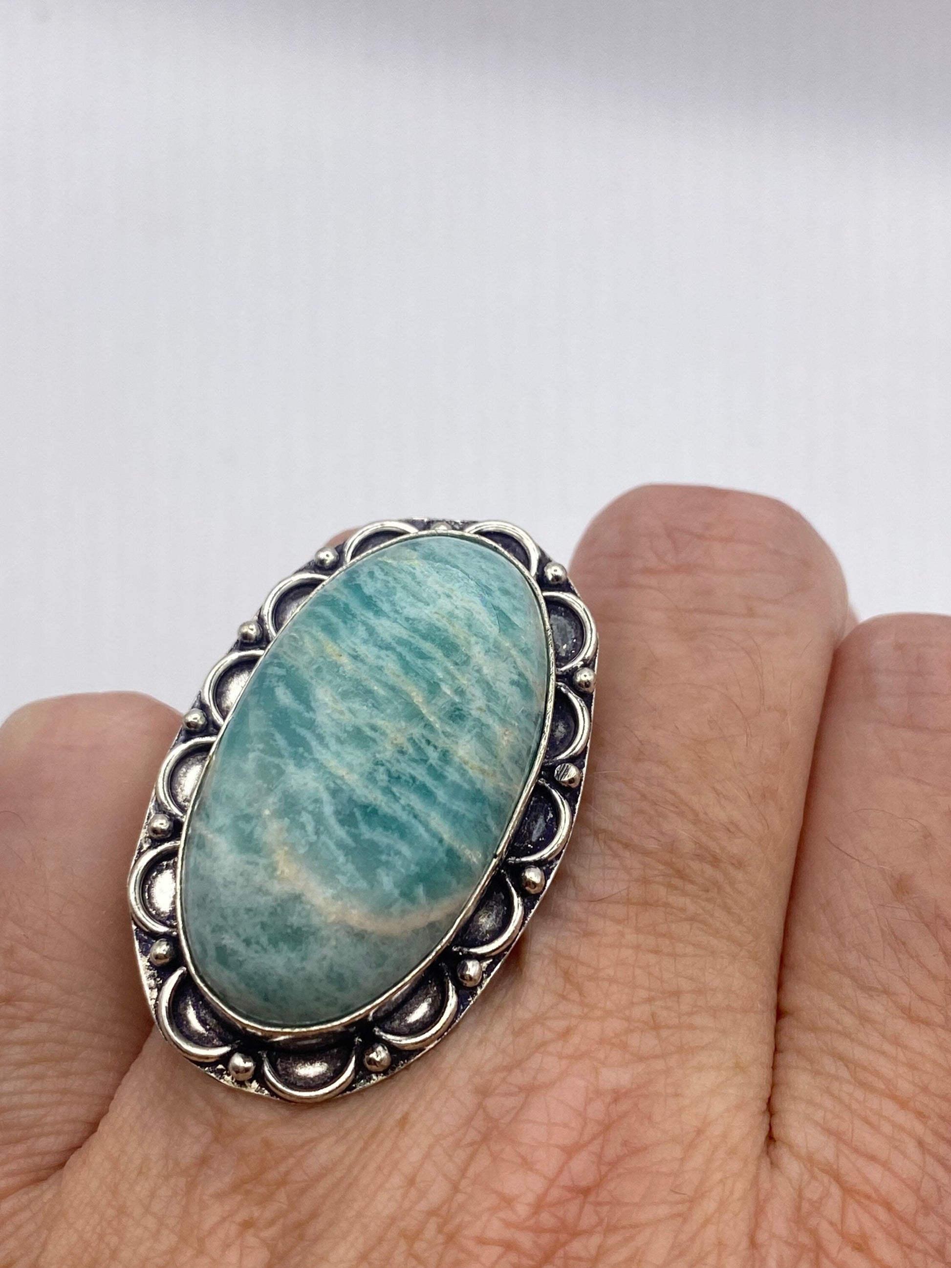 Vintage Green Amazonite Silver Ring Size 7.5