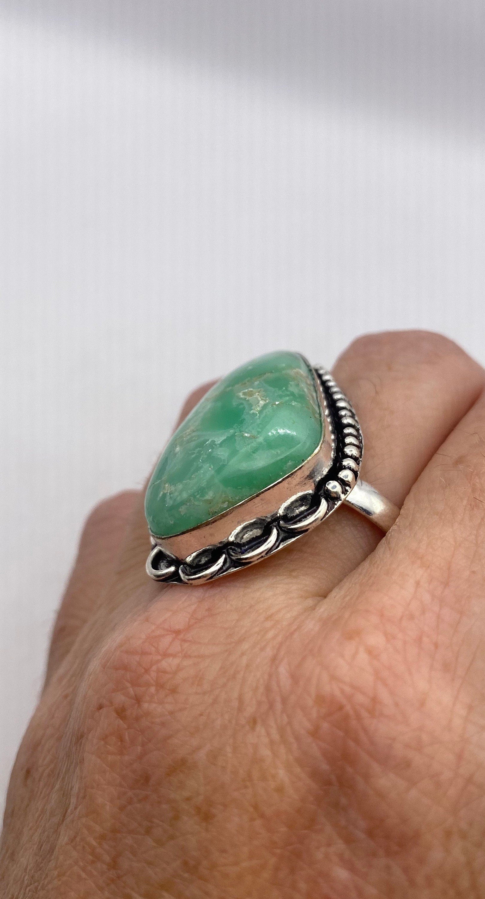 Vintage Green Amazonite Silver Ring Size 10.25