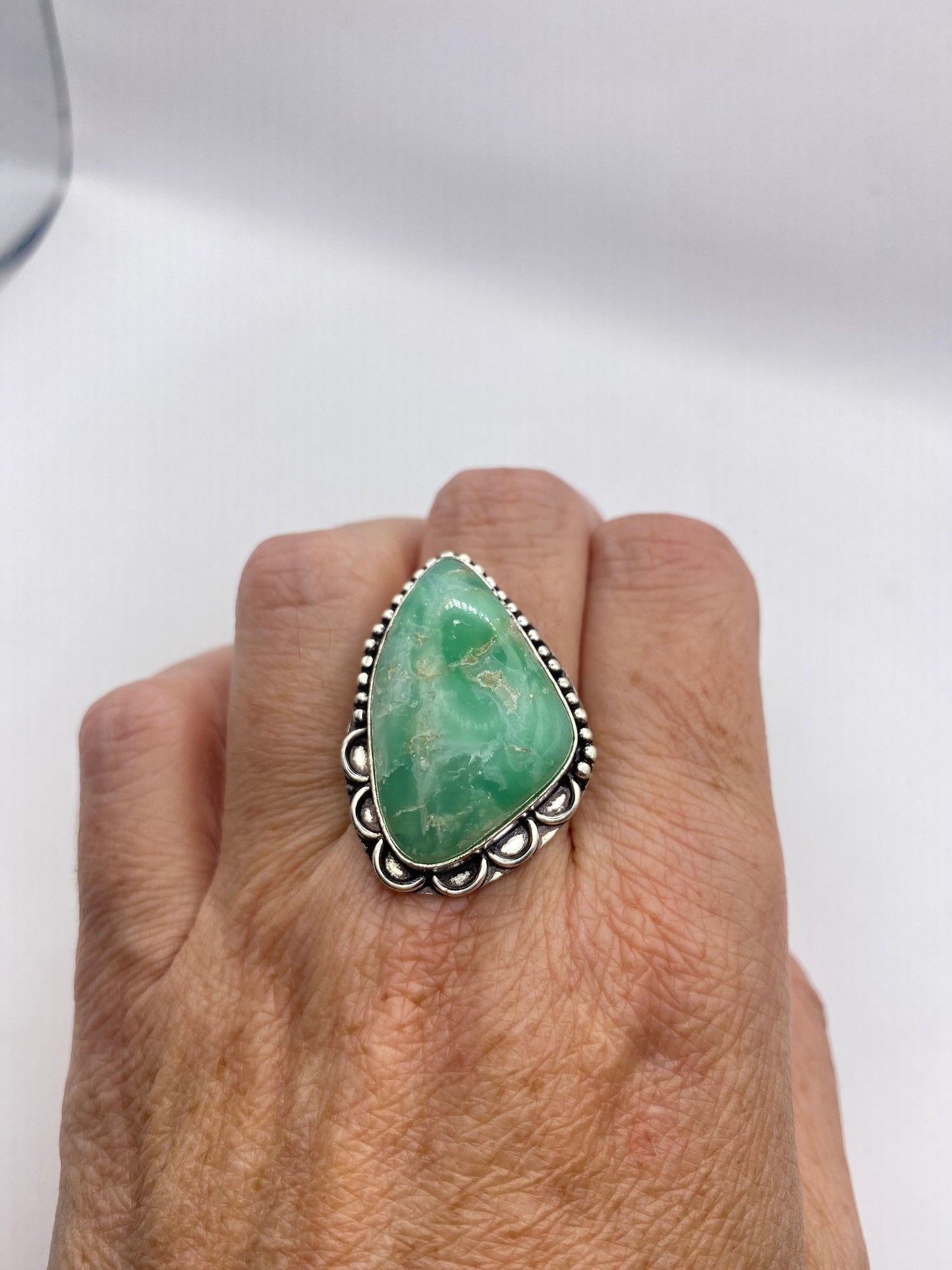 Vintage Green Amazonite Silver Ring Size 10.25