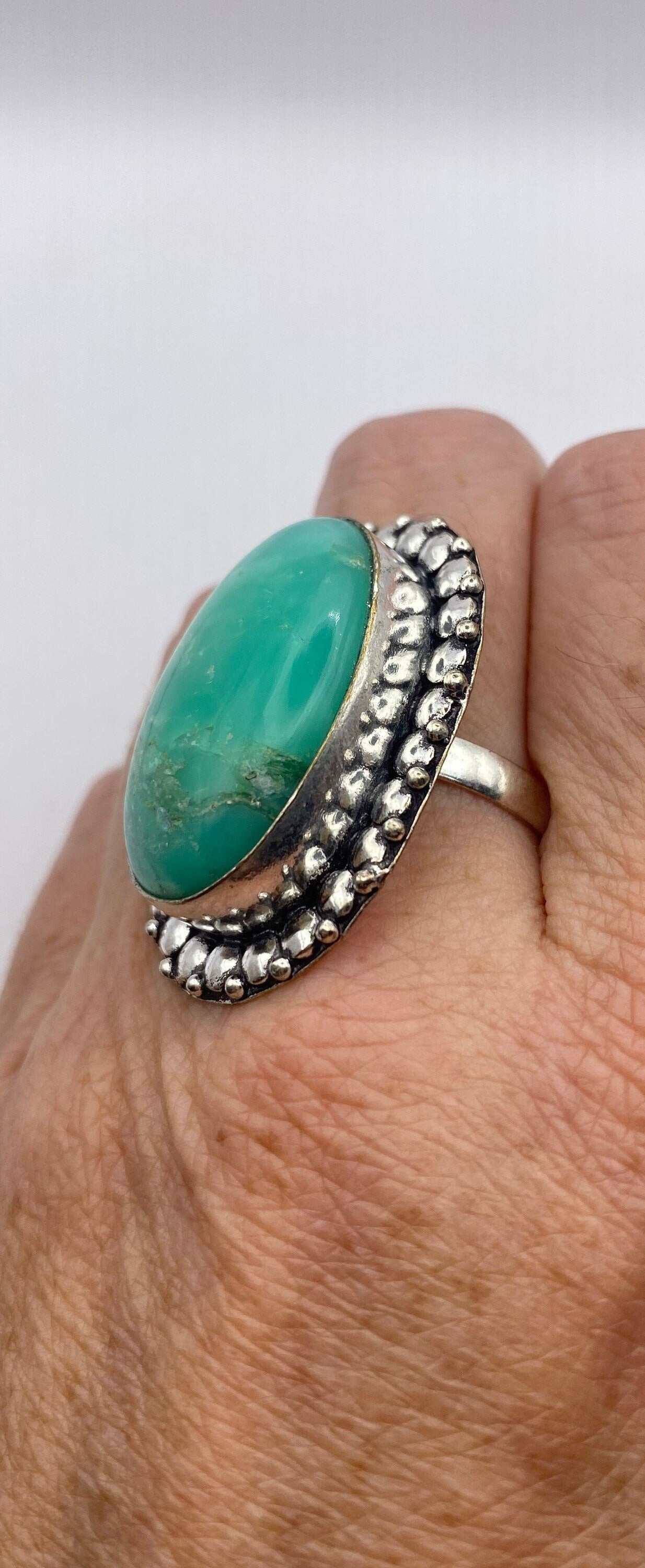 Vintage Green Amazonite Silver Ring Size 10