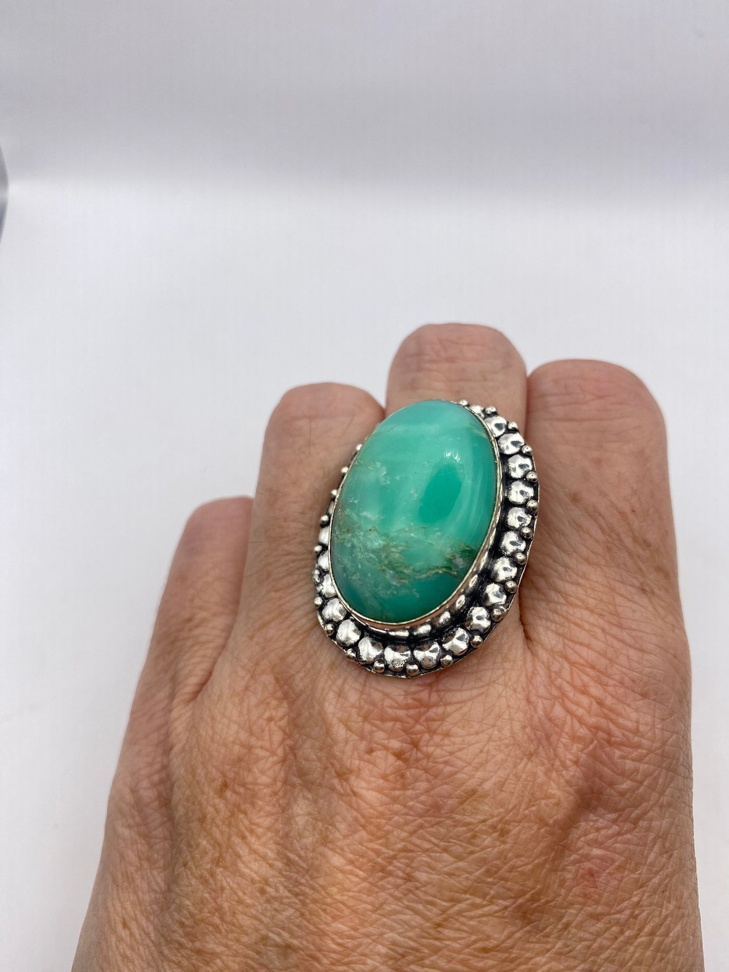 Vintage Green Amazonite Silver Ring Size 10