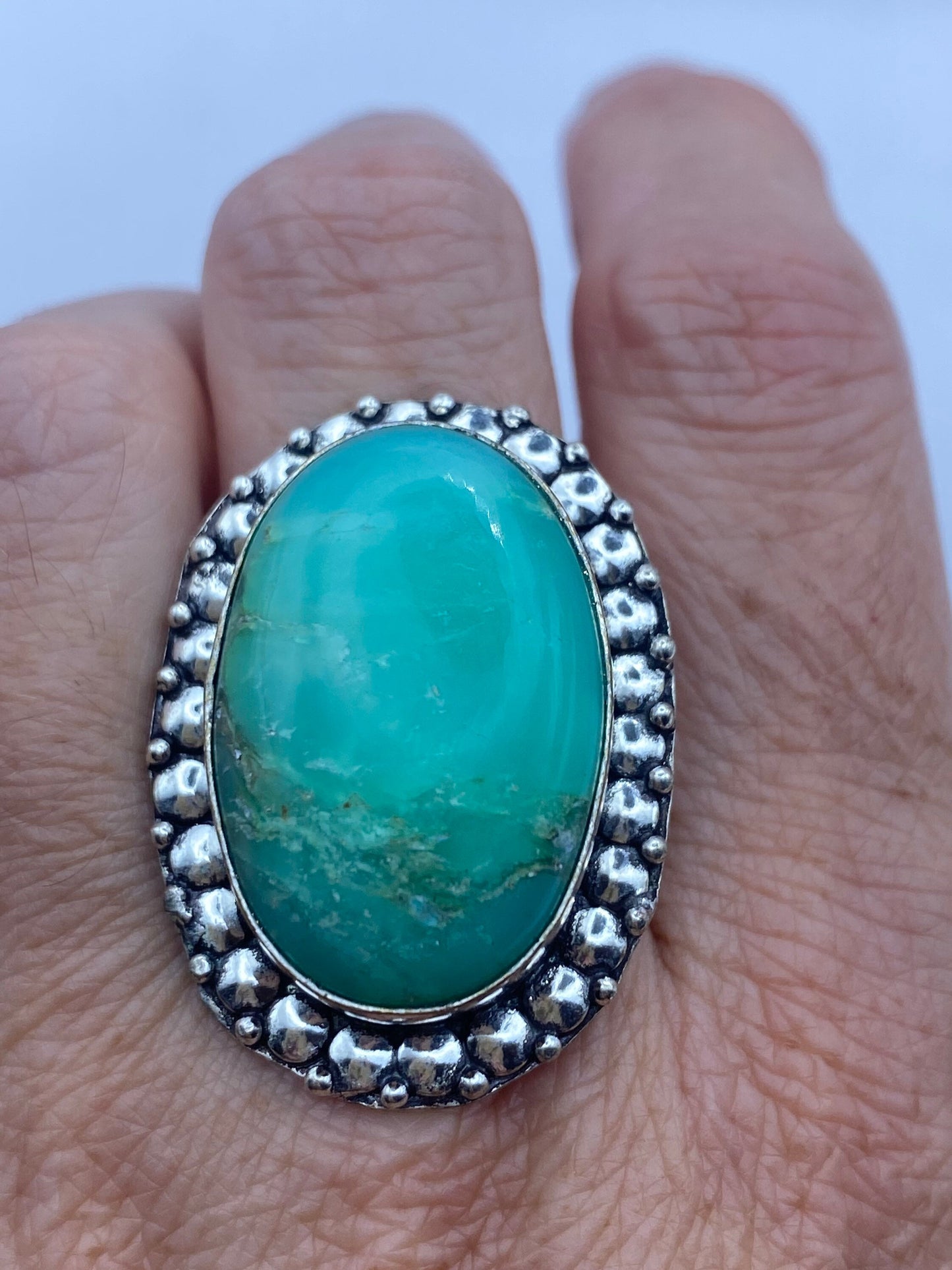 Vintage Green Amazonite Silver Ring Size 10