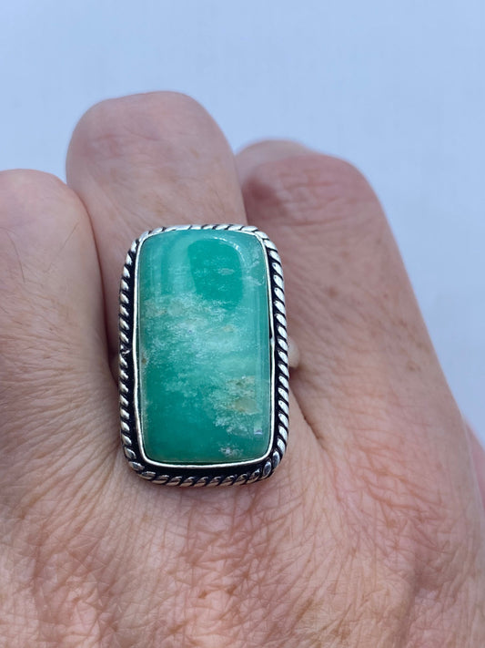 Vintage Green Amazonite Silver Ring Size 9.5