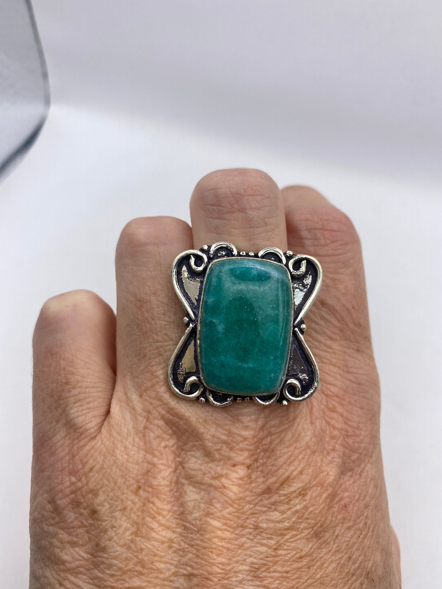 Vintage Green Amazonite Silver Ring Size 7.75