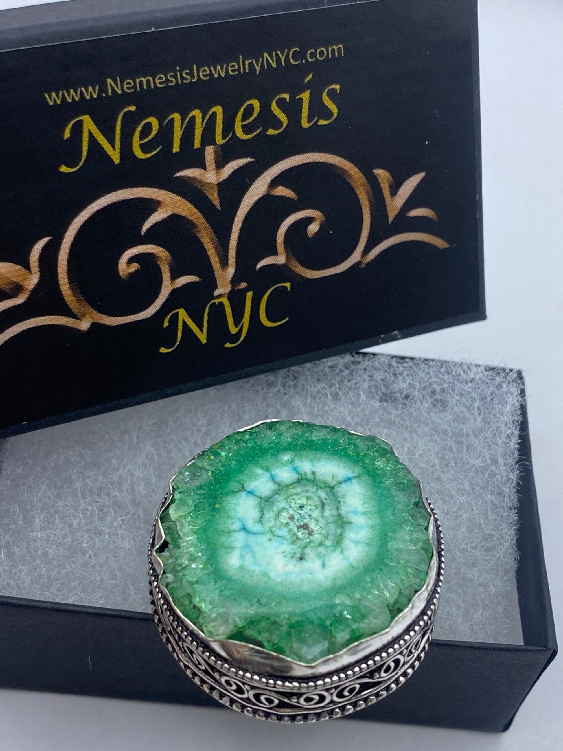 Vintage Green Agate Geode Silver Ring Size 8