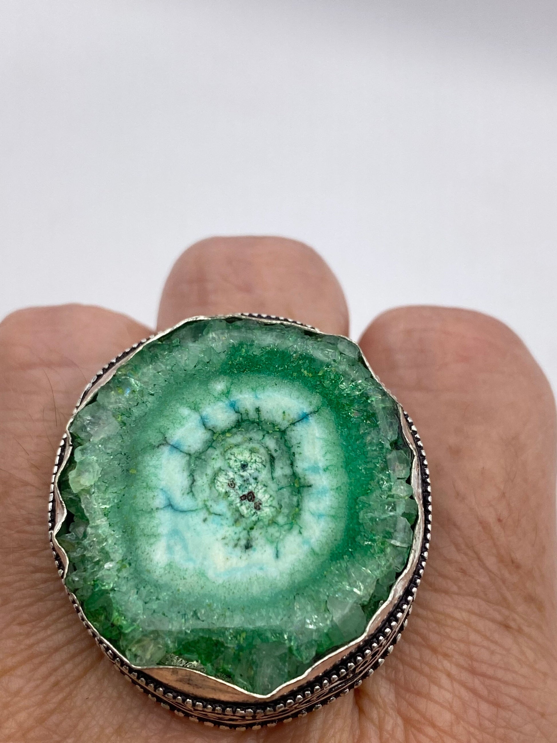 Vintage Green Agate Geode Silver Ring Size 8