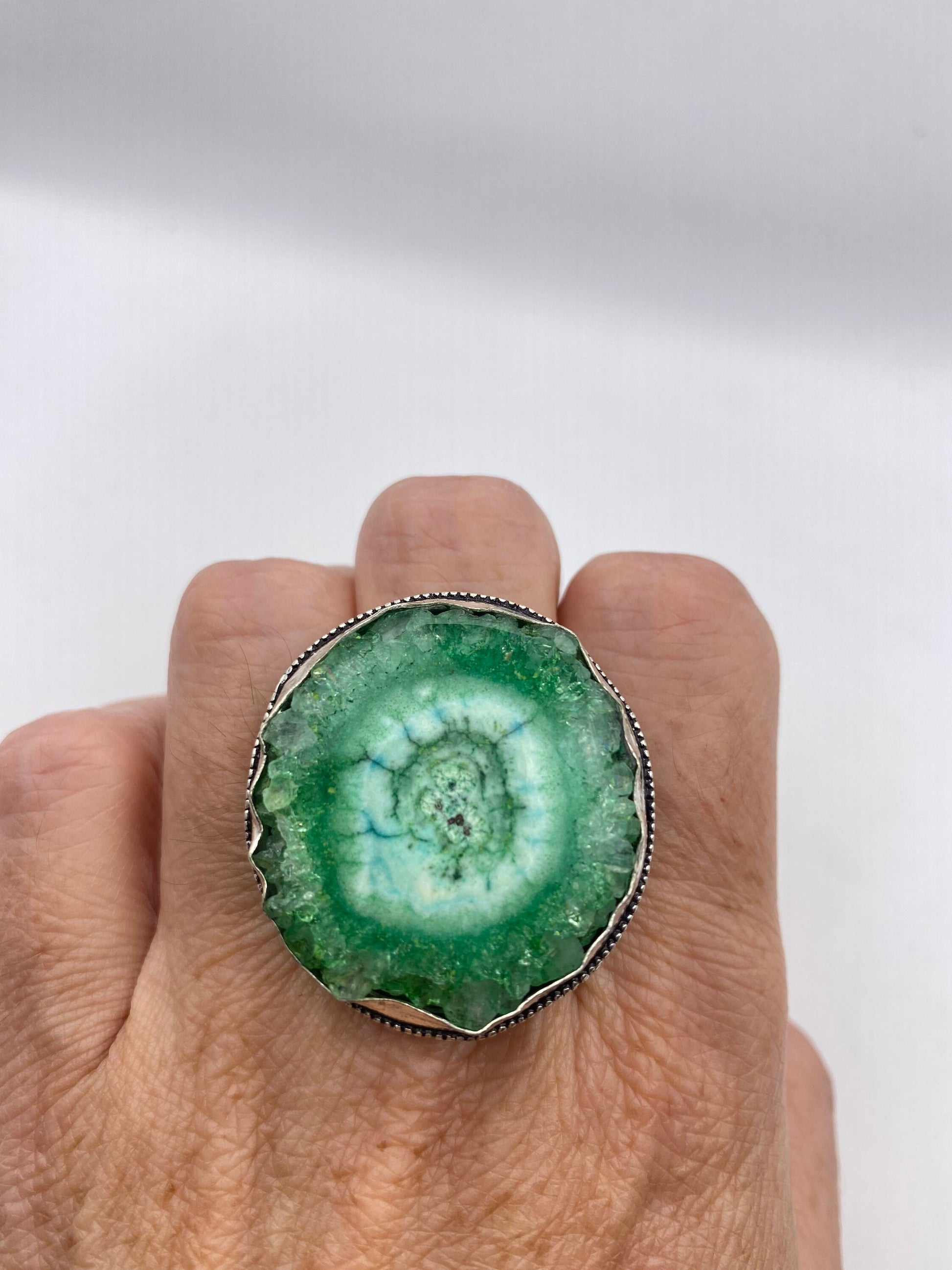 Vintage Green Agate Geode Silver Ring Size 8