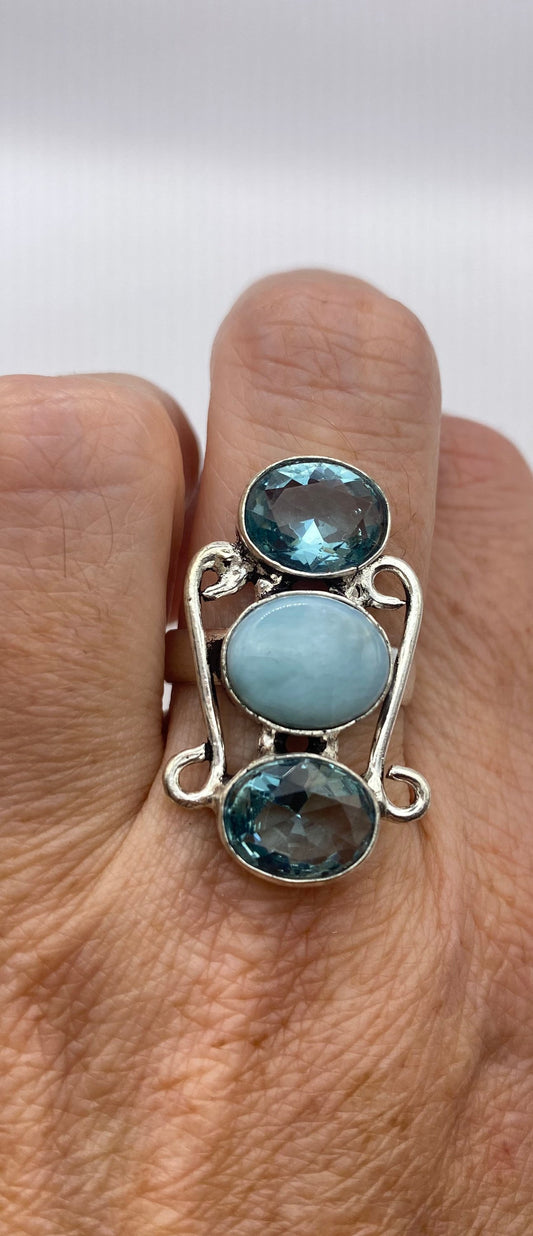 Vintage Blue Genuine Larimar Aqua Glass Ring Size 8