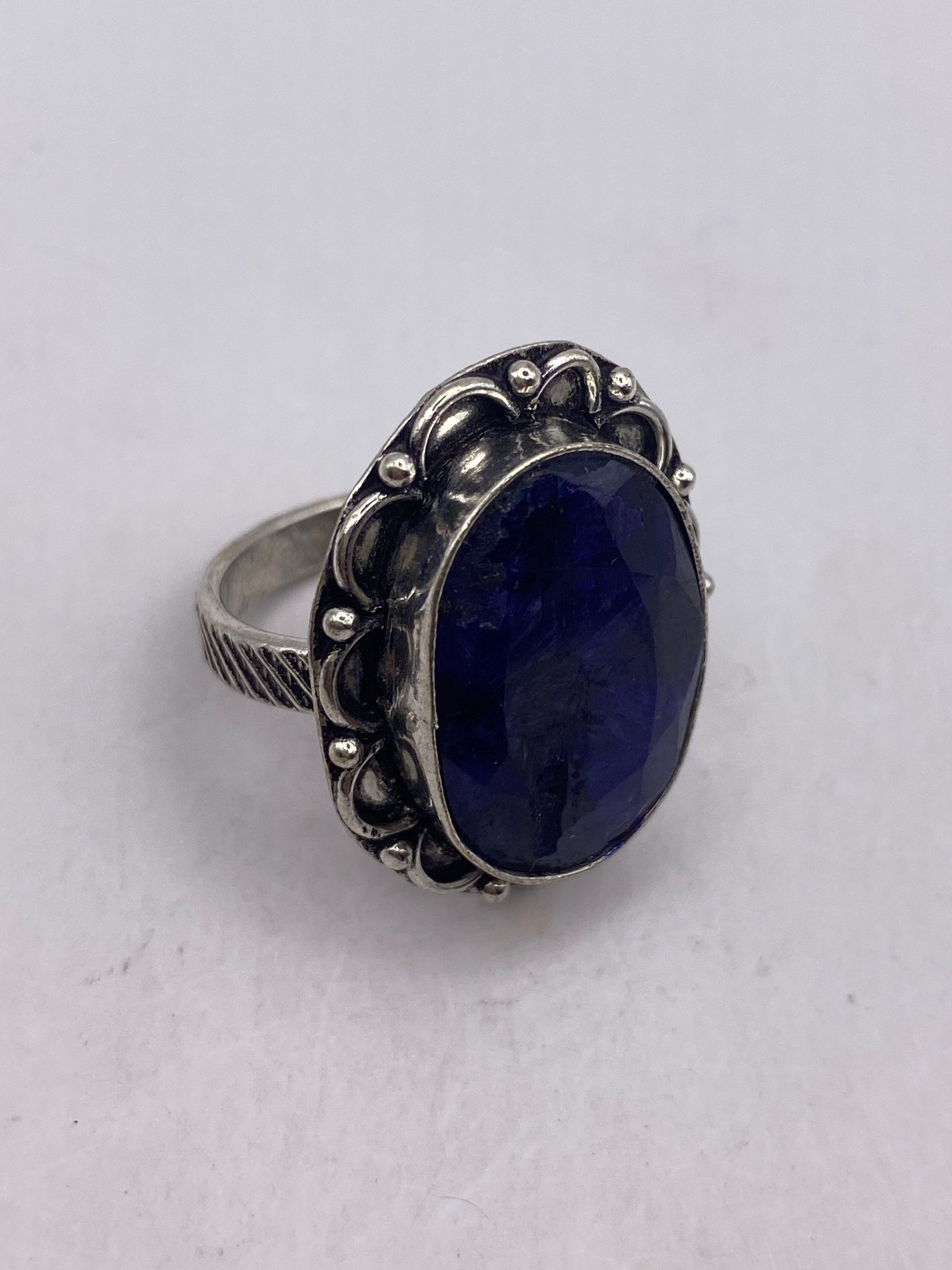 Vintage Deep Blue Sapphire White Bronze Silver Cocktail Ring