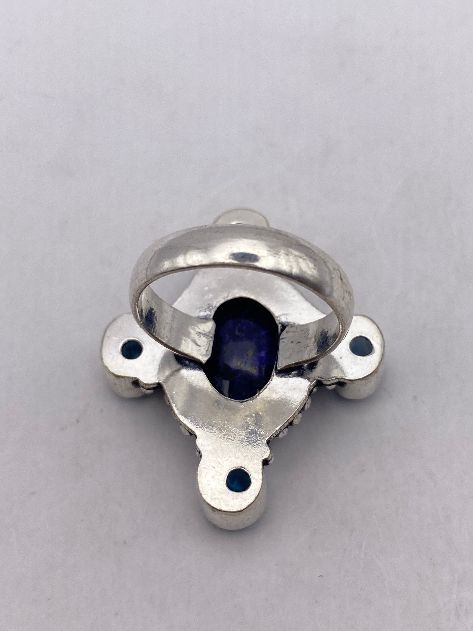 Vintage Deep Blue Sapphire White Bronze Silver Cocktail Ring