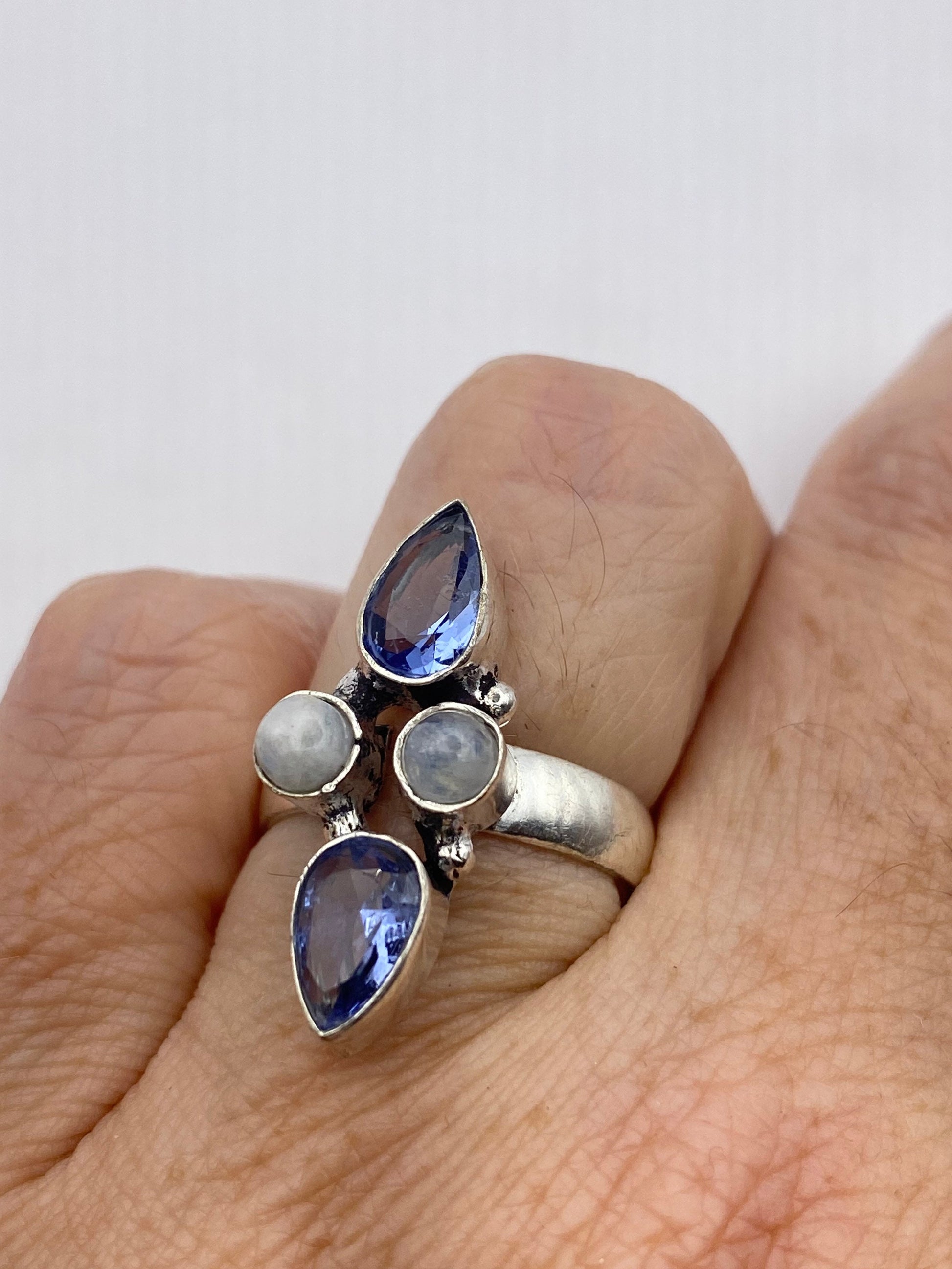 Vintage Genuine Blue White Rainbow Moonstone Ring