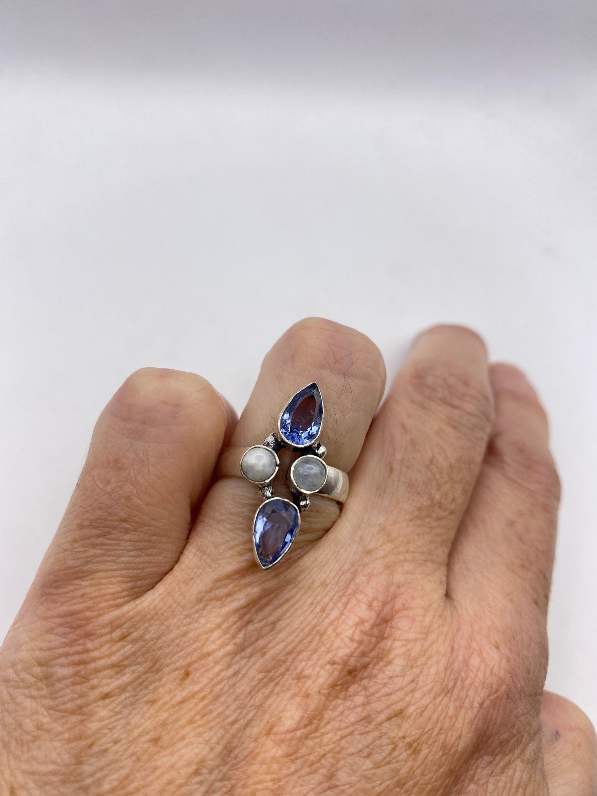 Vintage Genuine Blue White Rainbow Moonstone Ring