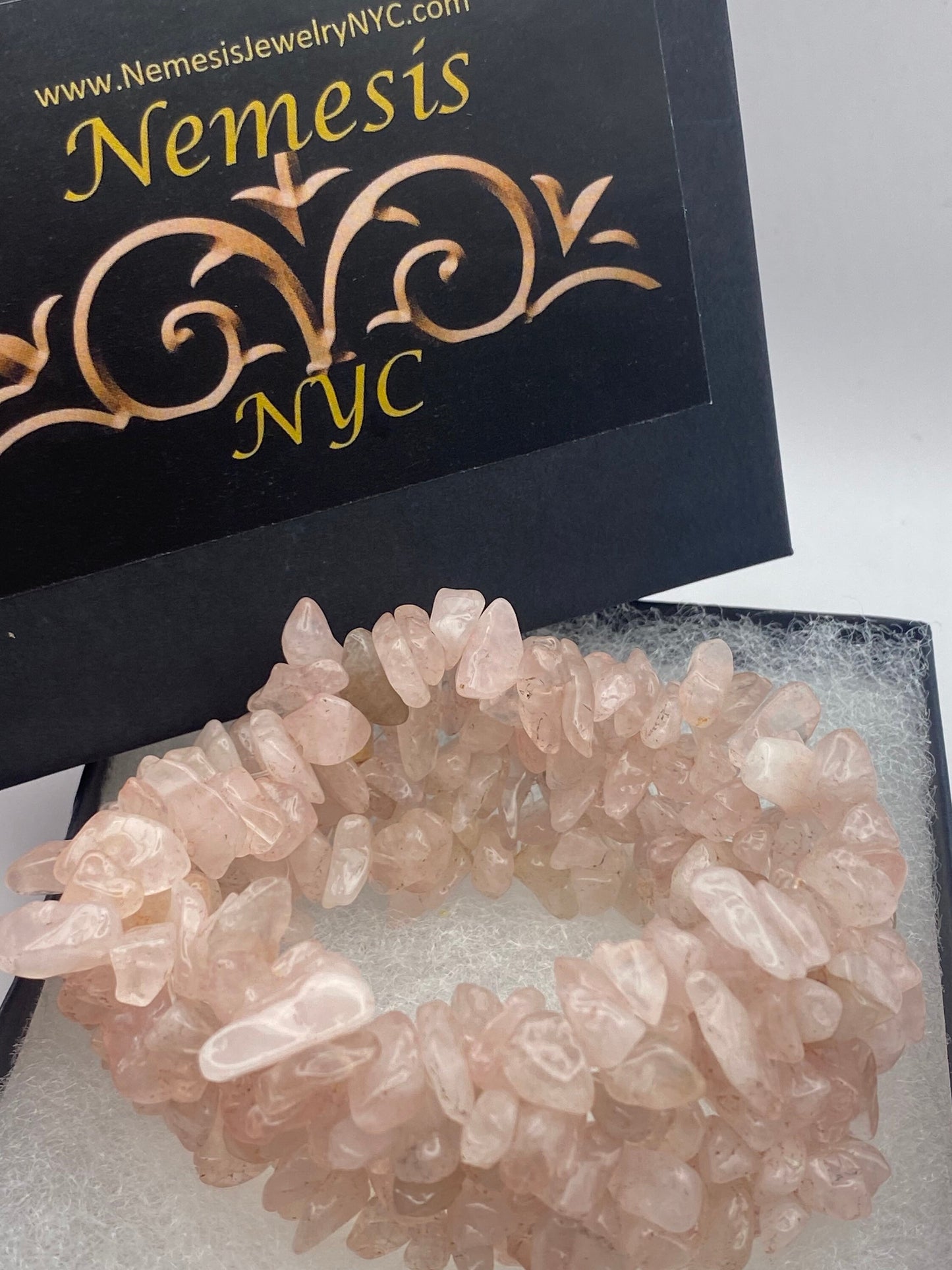 Vintage Pink Rose Quartz Chip Macrame Stretch Lucky Bracelet