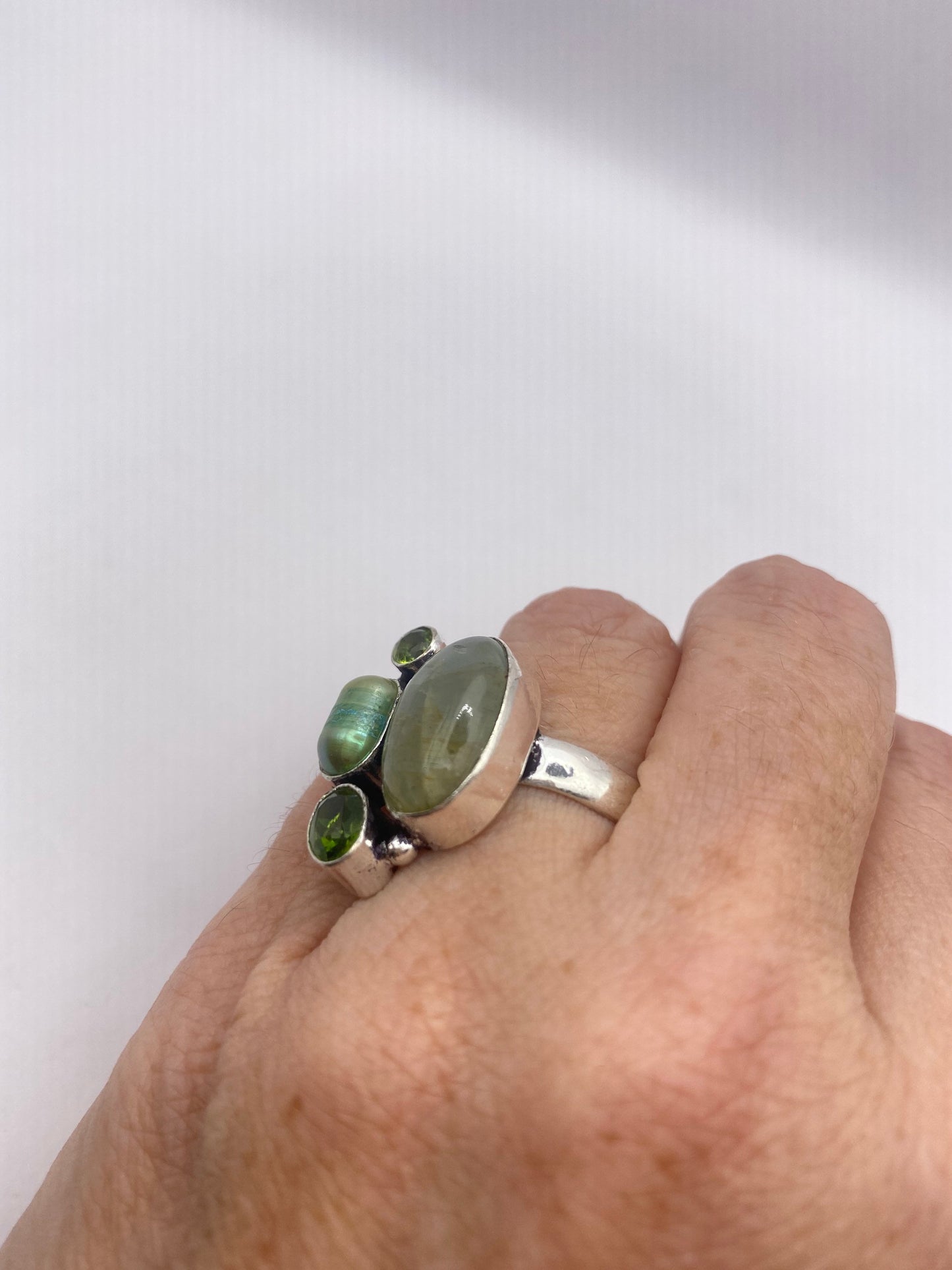 Vintage Green Pearl Peridot Jade Cocktail Ring