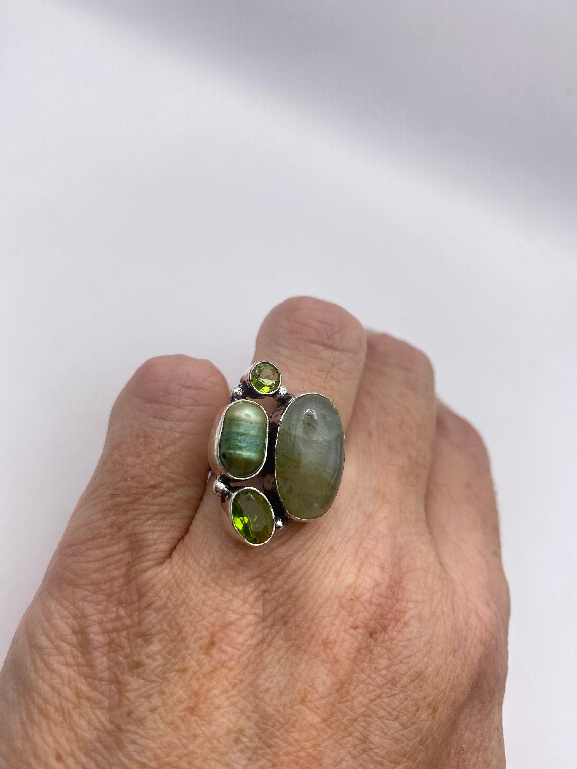 Vintage Green Pearl Peridot Jade Cocktail Ring