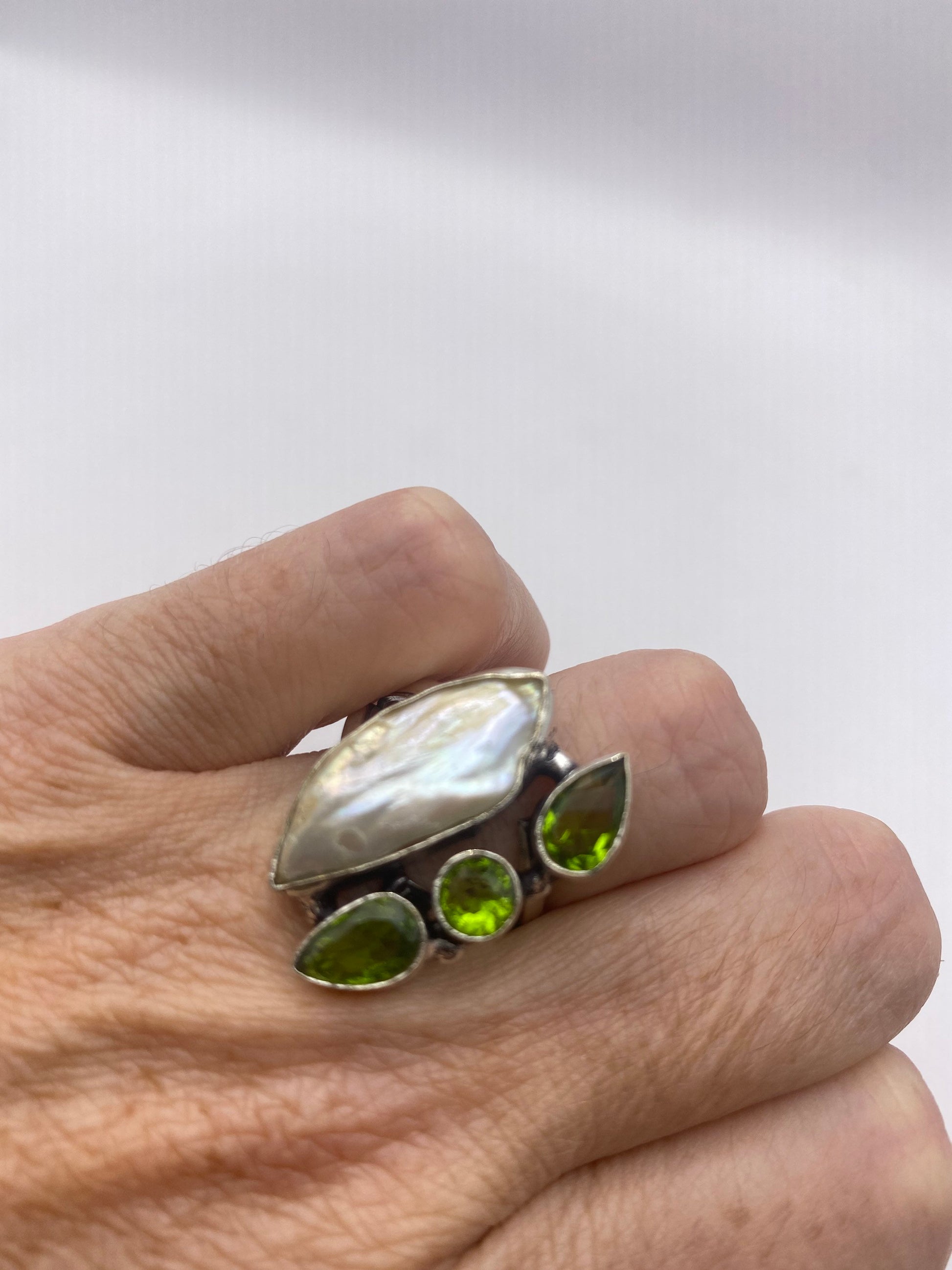 Vintage Green Pearl Peridot Cocktail Ring